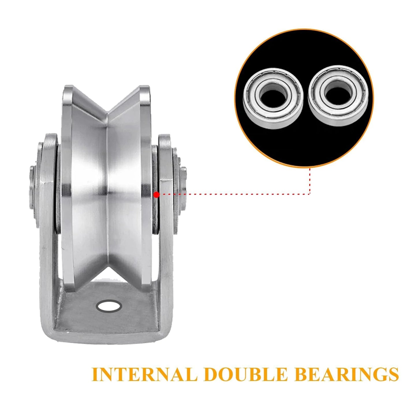 Front view of V Groove Wheel Stainless Steel Heavy Duty Wire Rope Pulley Block Sliding Gate Rollers Double Bearing Plate Caster.