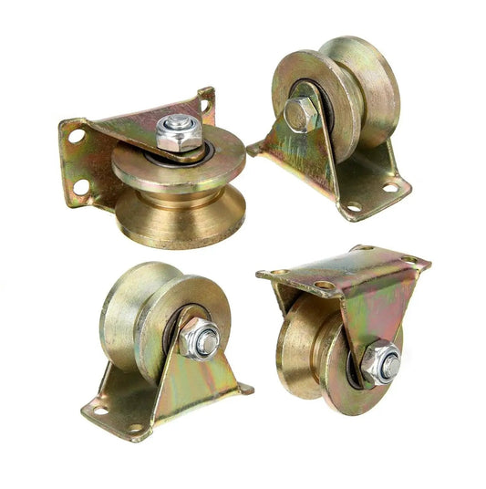 V Type Groove Wheel Heavy Duty Rigid Caster With Bracket For Inverted Track Rolling Gate Sliding Gate Industrial Machines Wire Rope Rail Pack Of 4 2 Inch 50mm Wheel Diameter 50mm Slot Width 19mm Groove Depth 10mm Load Capacity 660 Lbs Double Roll Bearing, front and side view