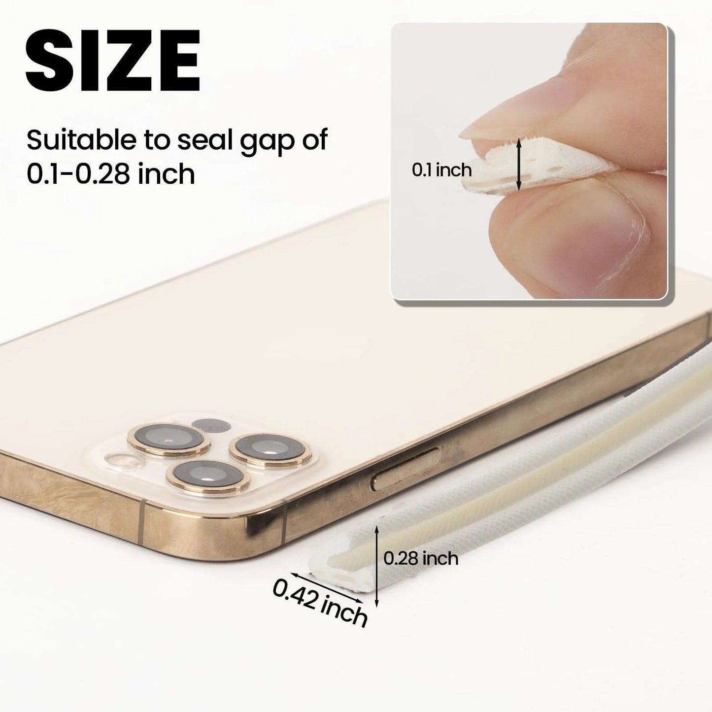 V Shaped Foam Weather Stripping For Door Frame Seal 19.7 Feet White Self Adhesive Draft Stopper Insulation And Gap Filler Soundproofing Weatherstripping For Exterior Front Doors Easy Cut And Bend For 0.1 To 0.27 Inch Gaps showing size measurement of 0.1 to 0.28 inch on phone.