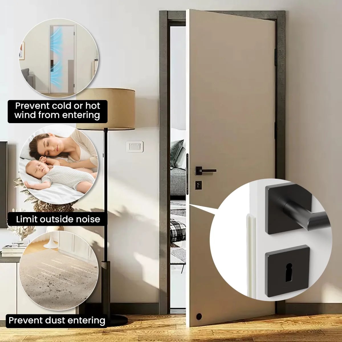 V Shaped Foam Weather Stripping For Door Frame Seal 19.7 Feet White Self Adhesive Draft Stopper installed on a door.