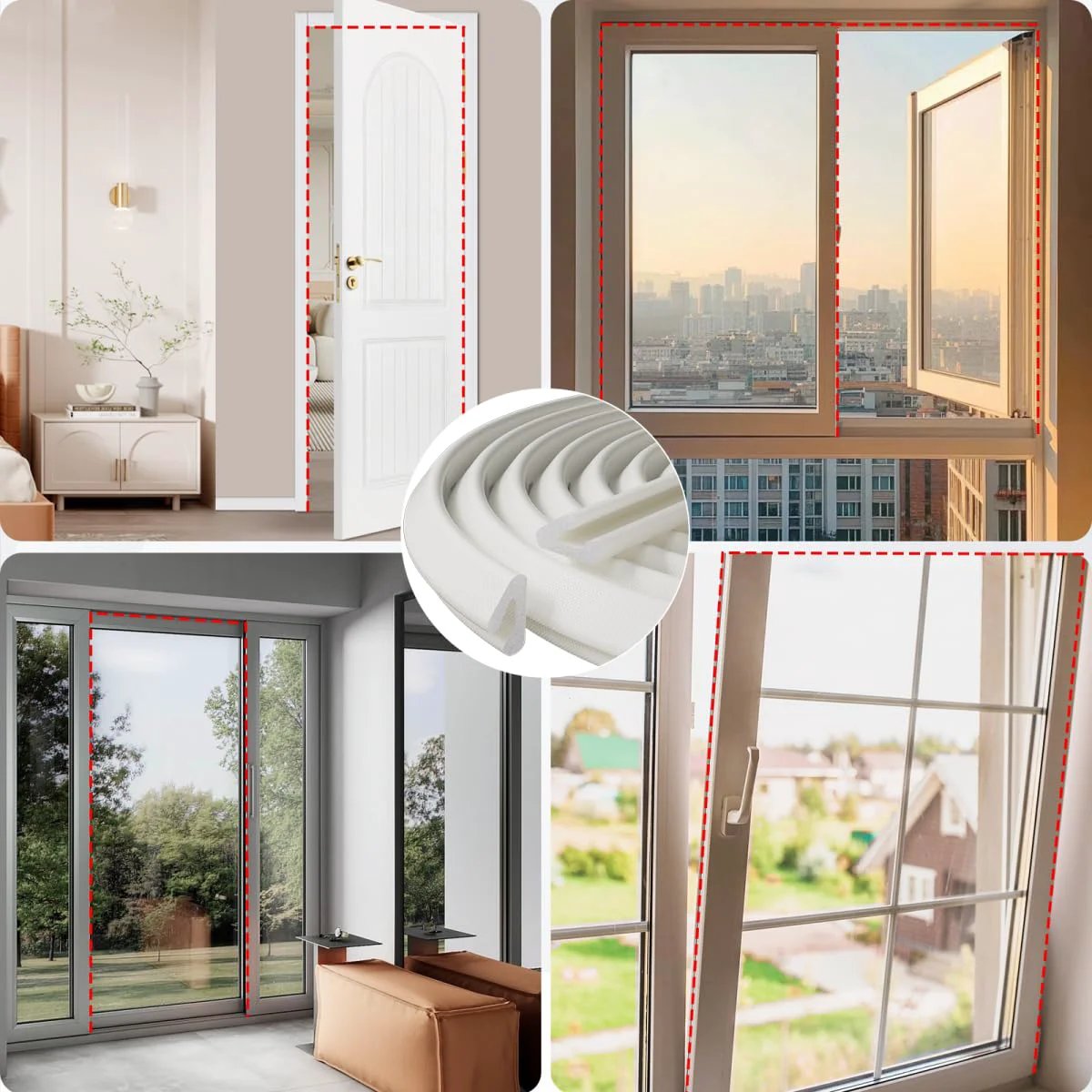 V Shaped Foam Weather Stripping For Door Frame Seal 19.7 Feet White Self Adhesive installed on door and window frames in various settings.