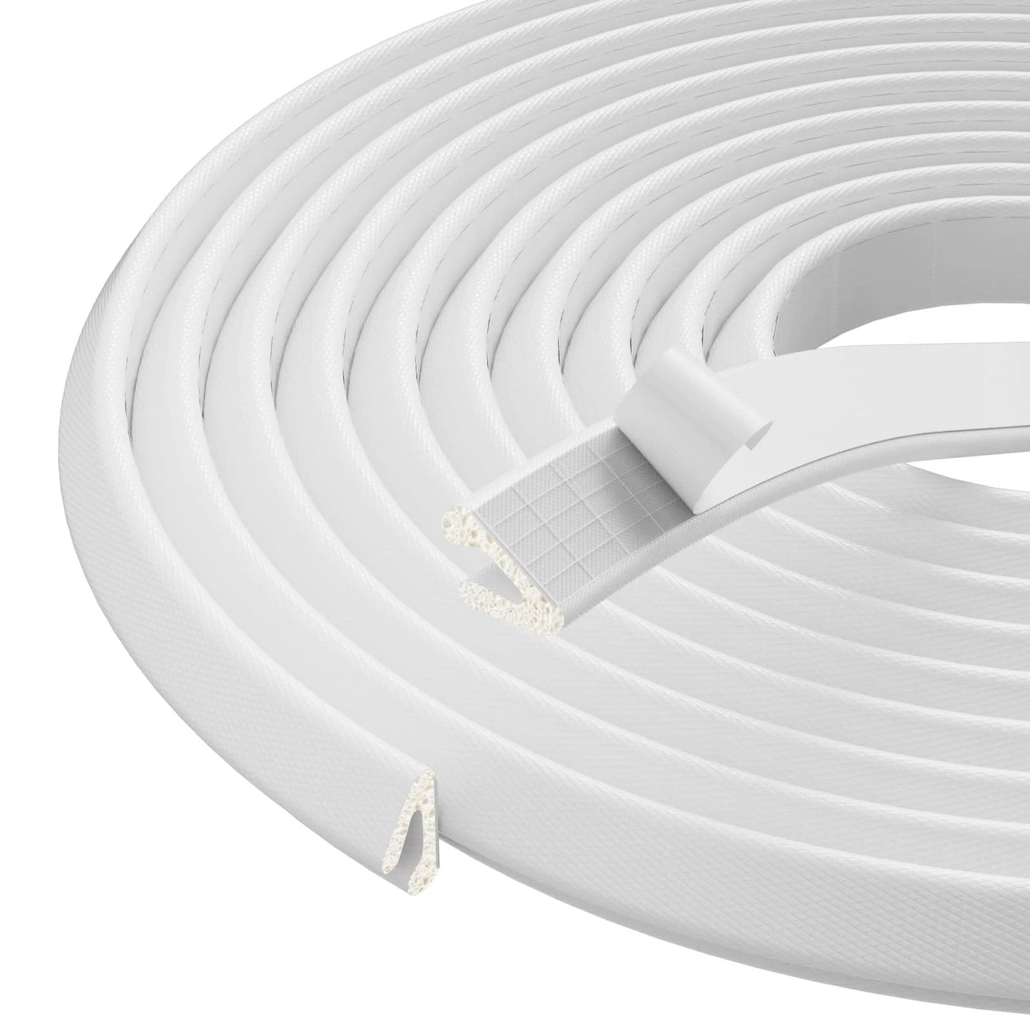 V Shaped Foam Weather Stripping For Door Frame Seal 19.7 Feet White self-adhesive roll, showing the material and design for insulation.
