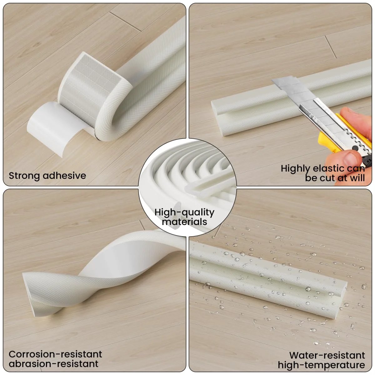 V Shaped Foam Weather Stripping For Door Frame Seal 19.7 Feet White Self Adhesive Draft Stopper close-up of material features and cutting flexibility.