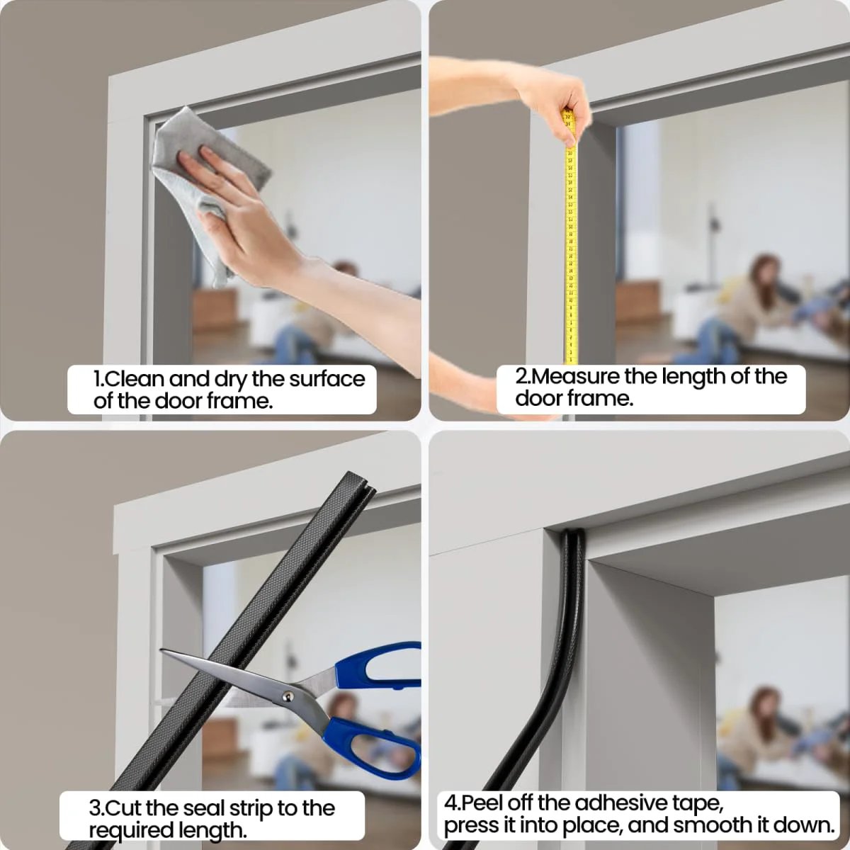 Step-by-step instructions for installing V Shaped Foam Weather Stripping For Door Frame Seal 19.7 Feet White Self Adhesive.