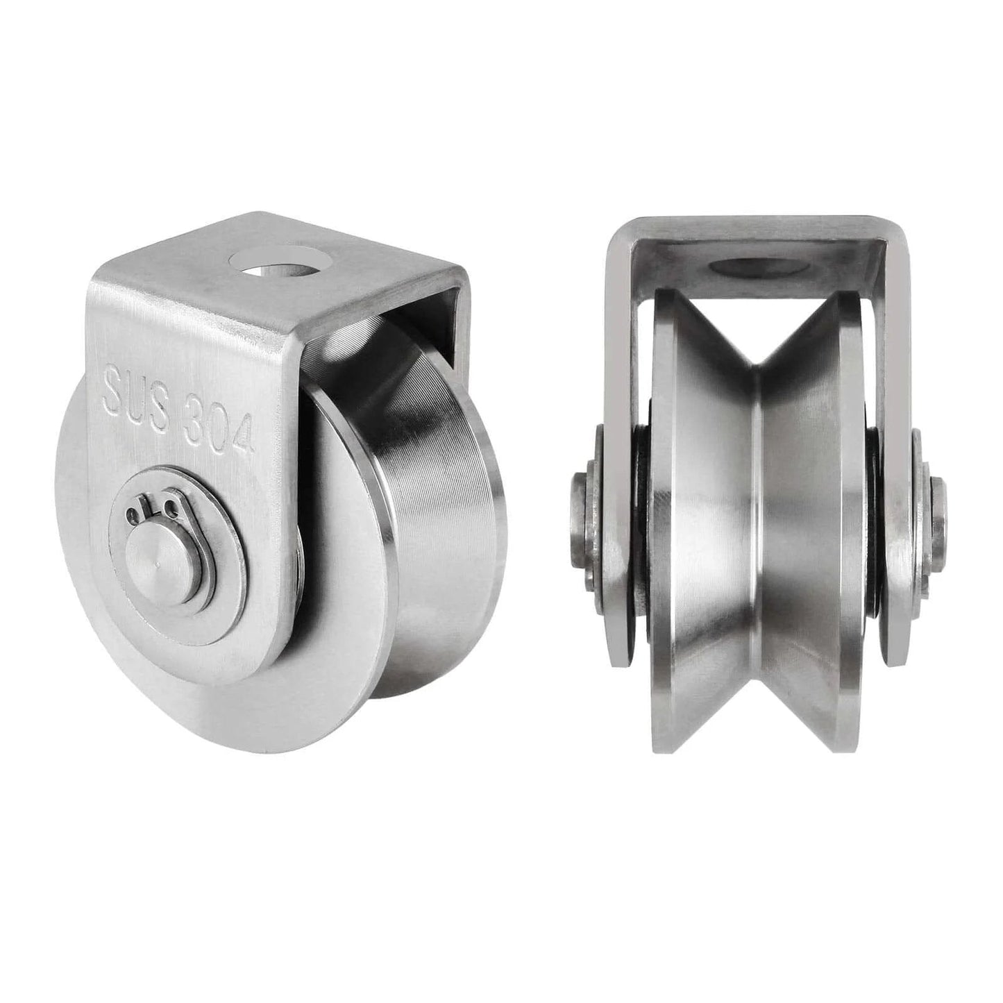 Front and side view of 2PCS V Type Pulley Roller 304 Stainless Steel Pulley Block Duplex Bearing for heavy duty use.
