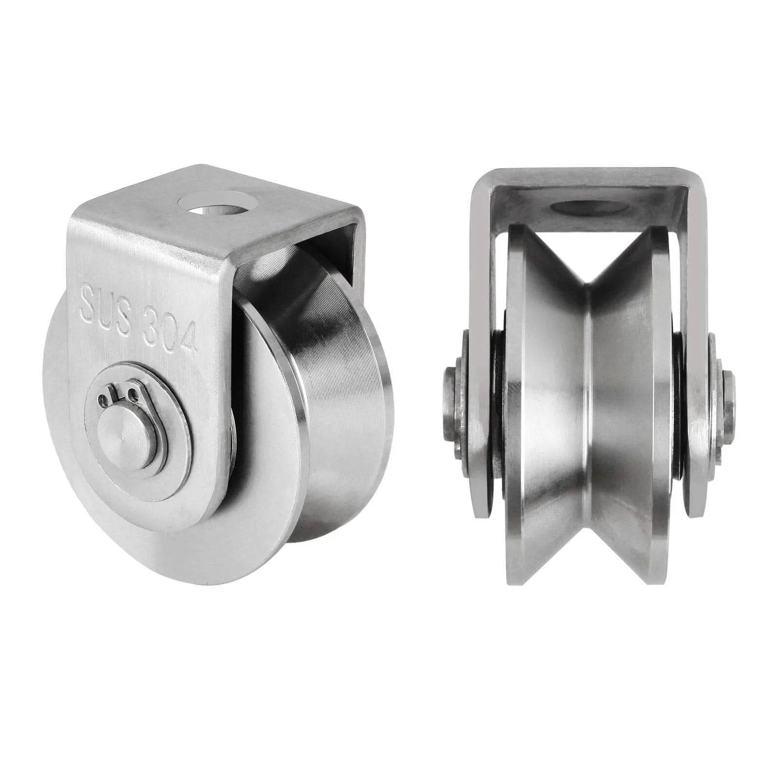 Front and side view of 2PCS V Type Pulley Roller 304 Stainless Steel Pulley Block Duplex Bearing for heavy duty use.