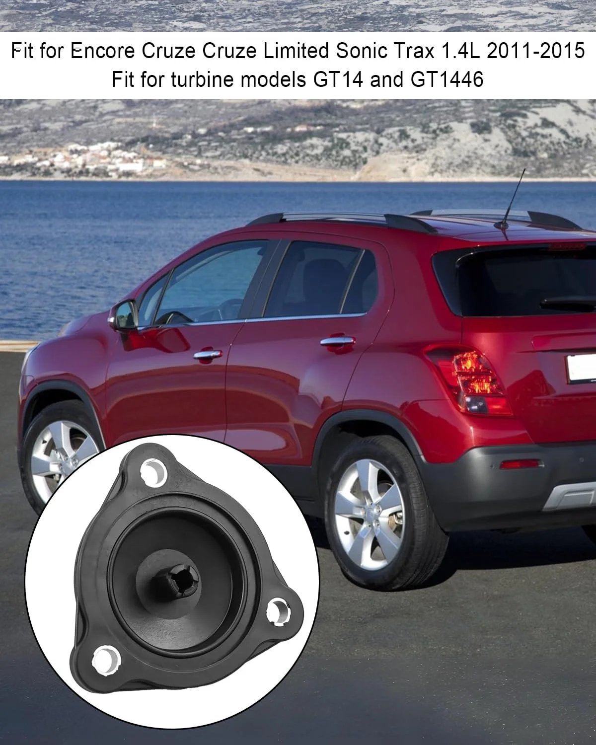 Vacuum Actuator Replacement Compatible With Chevy Cruze Sonic Trax Buick Encore 1.4L 2011 2012 2013 2014 2015 plug and play module displayed with car.