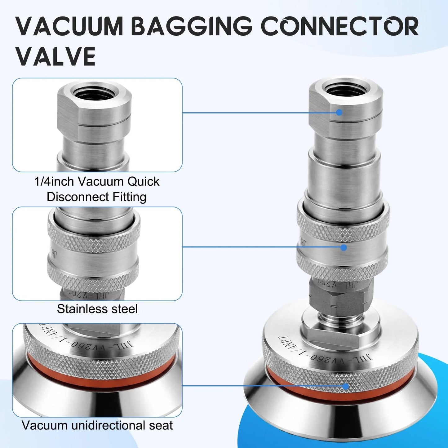 Two Piece Vacuum Bagging Valve Kit With Quick Disconnect Fitting For Vacuum Bagging Composites High Temperature Valve showing stainless steel connector and fittings.