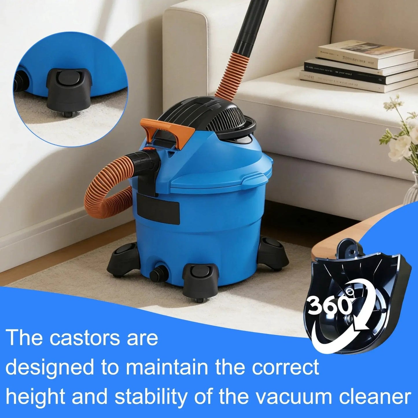 2 Pack Foot Caster And Caster Wheel Kit 12388 And 12293 Compatible With 6 Gallon And 16 Gallon Wet Dry Vacuums Replacement Caster Accessories Durable Plastic Construction With Smooth Rolling Bearings used on a blue wet/dry vacuum in a living room setting.