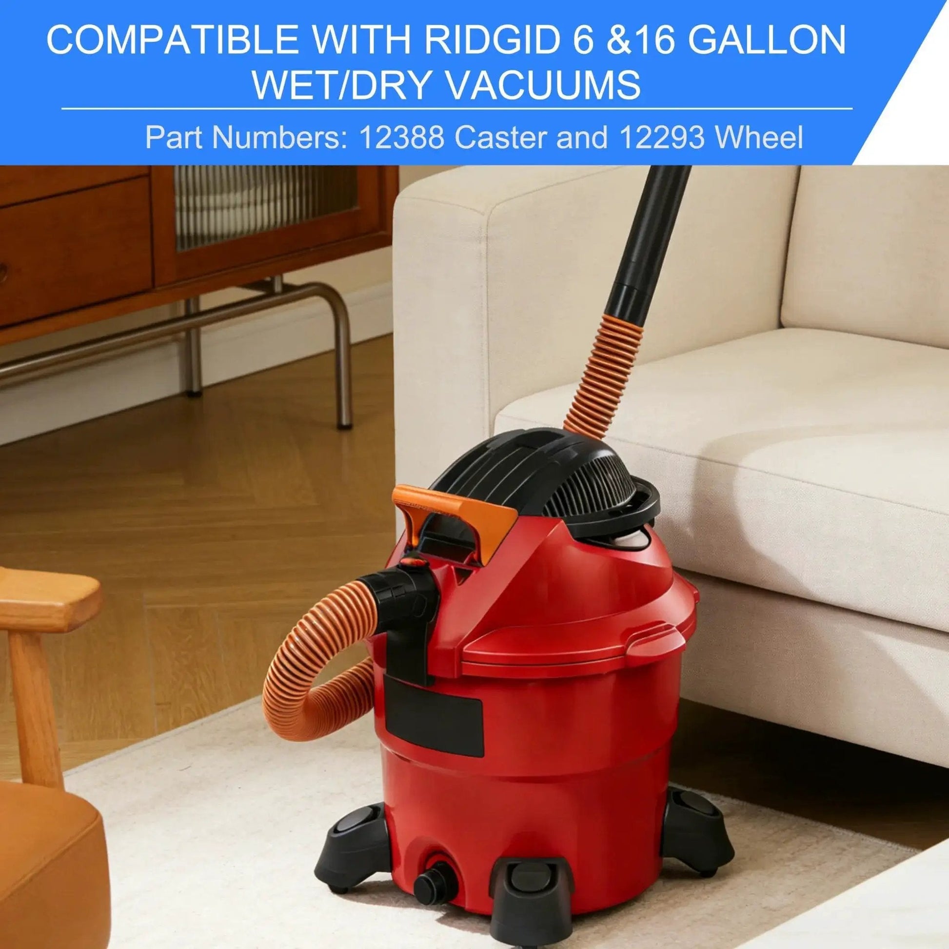 2 Pack Foot Caster And Caster Wheel Kit 12388 And 12293 Compatible With 6 Gallon And 16 Gallon Wet Dry Vacuums Replacement Caster Accessories Durable Plastic Construction With Smooth Rolling Bearings installed on red wet/dry vacuum on carpeted floor