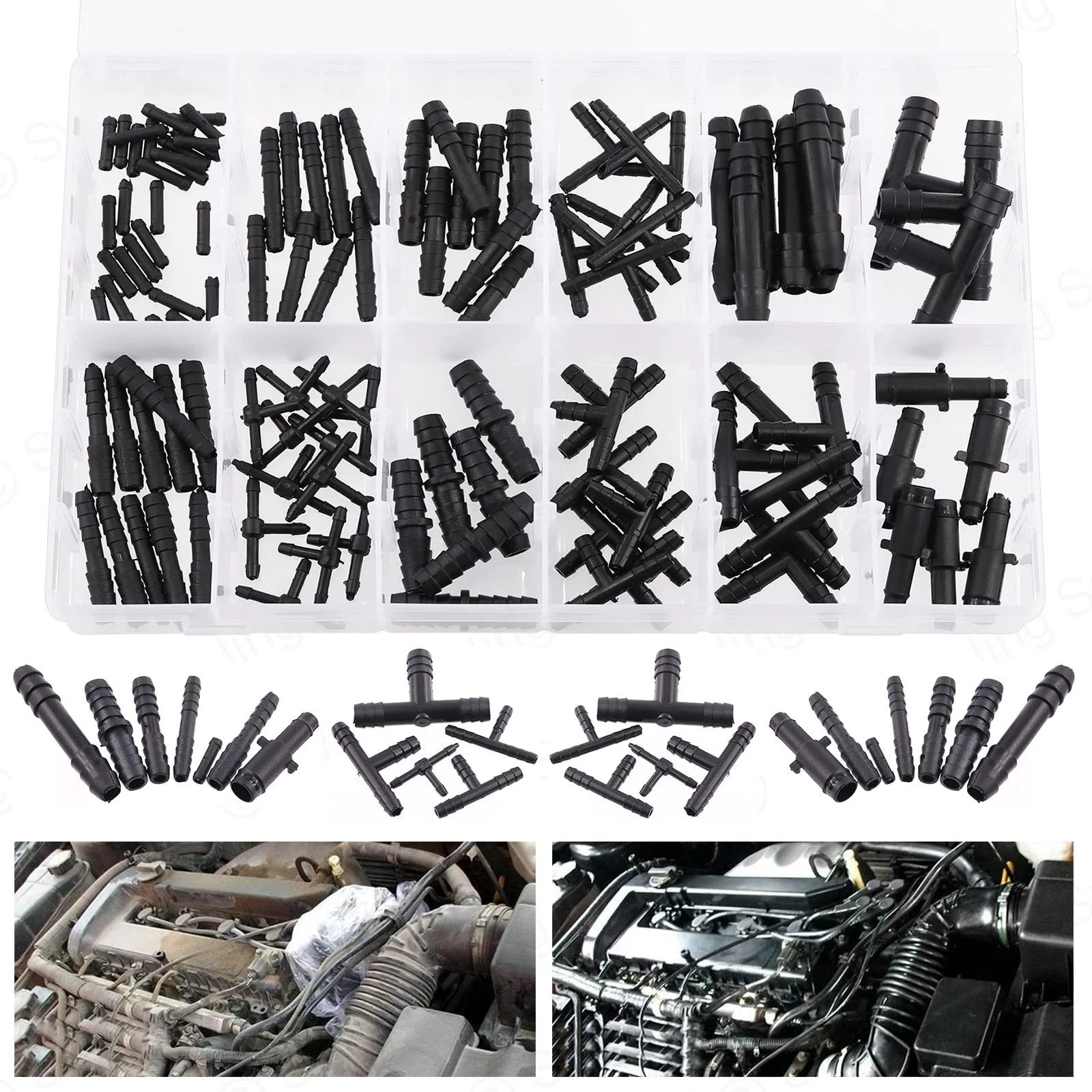 113Pcs Vacuum Connector Kit With Tee Reducers And Straight Hose Connectors For Replacing Vacuum Hoses In Your DIY Setup, Includes black connectors and fittings in organizer.