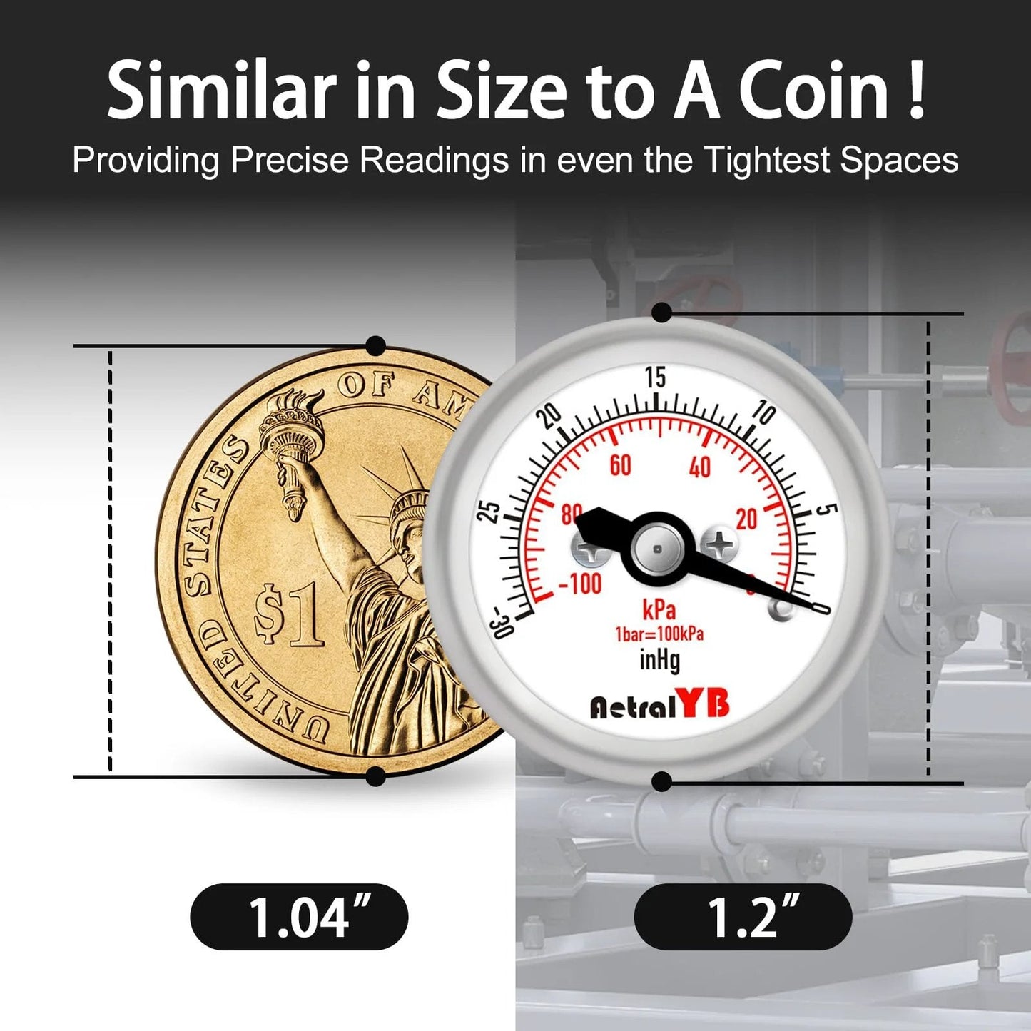 Compact Vacuum Pressure Gauge With A One Point Two Inch Dial For Easy Reading And Monitoring AetralYB beside a coin for size comparison.