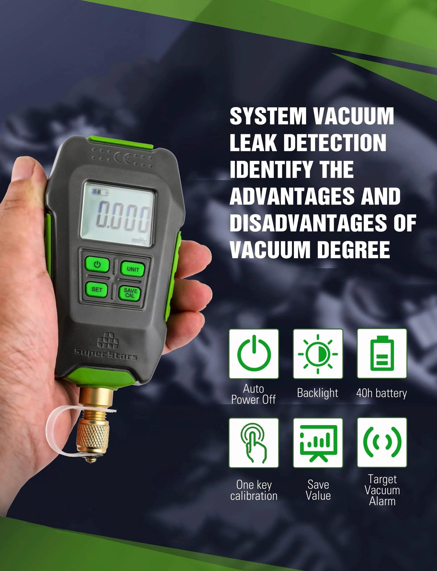 Digital Micron Vacuum Gauge For HVAC With Alarm, Temperature Compensation, And LCD Display, Four Unit Readings Pa, mBar, MmHg, Microns, Quarter Inch SAE Connection, High Accuracy Pirani Sensor For Fast Pro Grade Vacuum Readouts in hand.