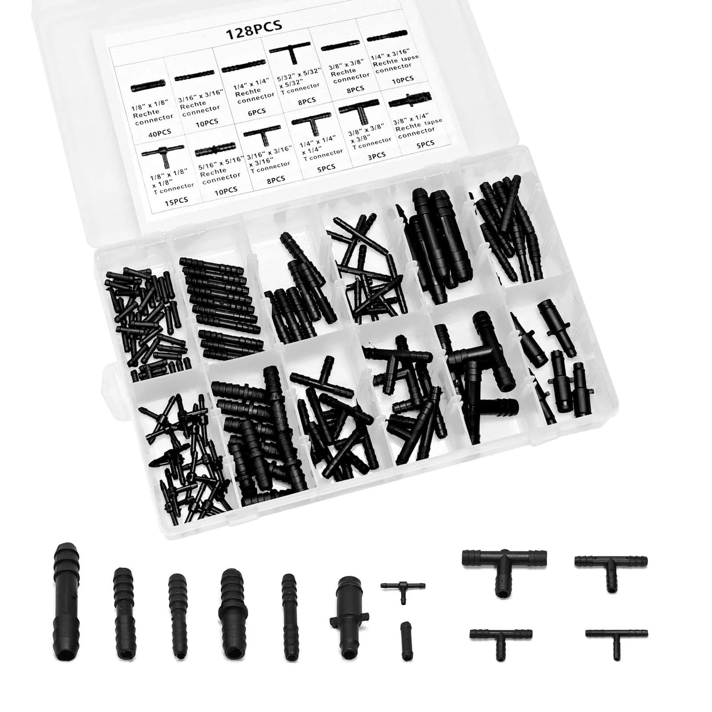 All Purpose 128 Piece Vacuum Hose Connector Kit With Nylon Barbed Tee And Straight Quick Connectors High Temperature Resistant For Automotive Vacuum Lines Pneumatic Tools Vacuum Systems Pipeline Repairs And DIY Projects 12 Sizes Included, showing assortment in storage case.