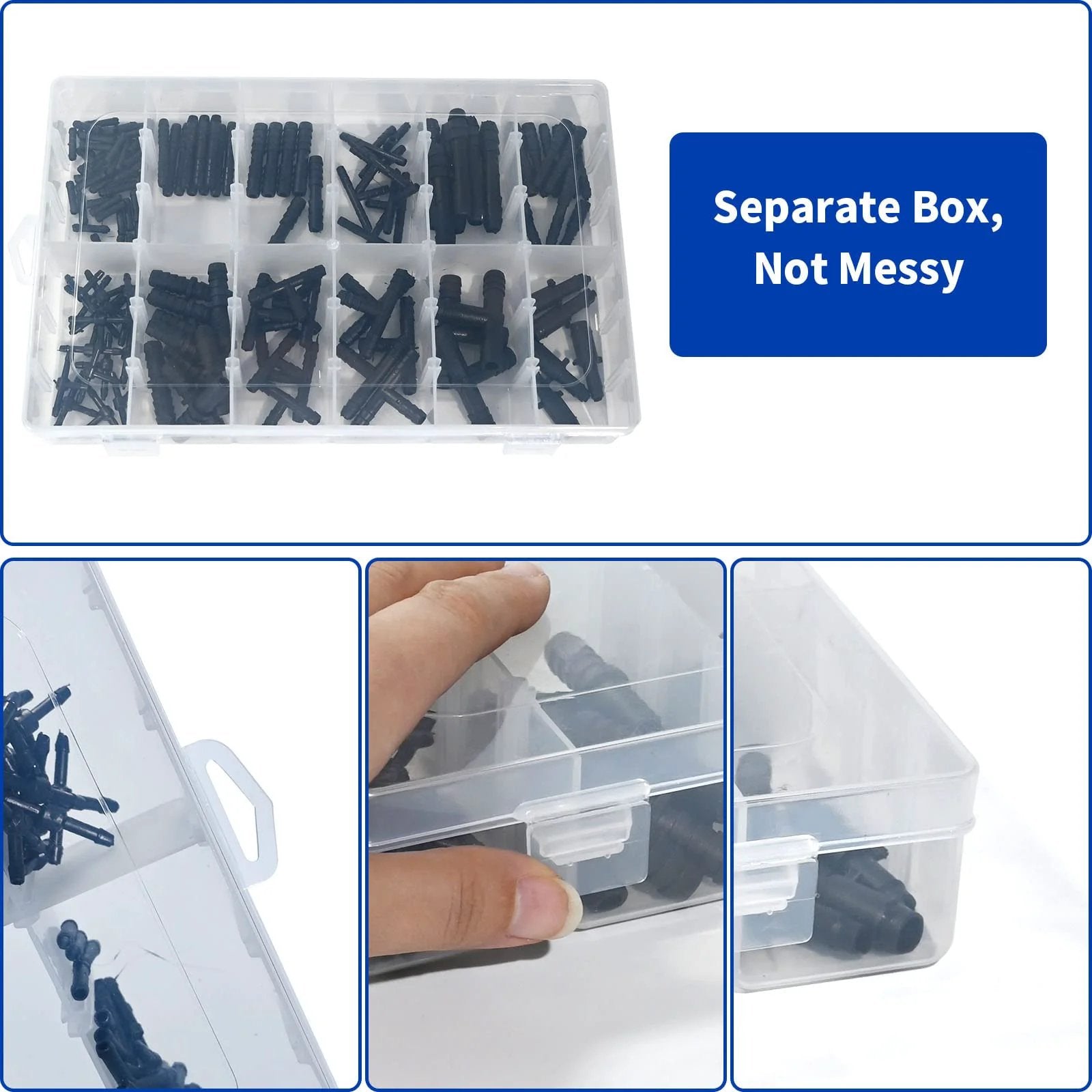 All Purpose 128 Piece Vacuum Hose Connector Kit With Nylon Barbed Tee And Straight Quick Connectors High Temperature Resistant For Automotive Vacuum Lines Pneumatic Tools Vacuum Systems Pipeline Repairs And DIY Projects 12 Sizes Included organized in a clear storage box.