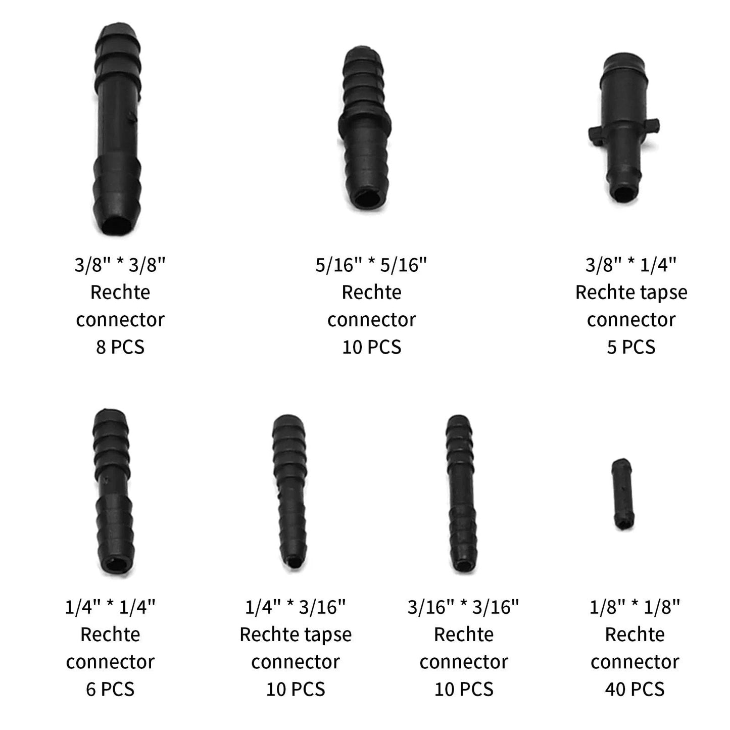 All Purpose 128 Piece Vacuum Hose Connector Kit With Nylon Barbed Tee And Straight Quick Connectors High Temperature Resistant For Automotive Vacuum Lines Pneumatic Tools Vacuum Systems Pipeline Repairs And DIY Projects 12 Sizes Included showing black connectors in various sizes.