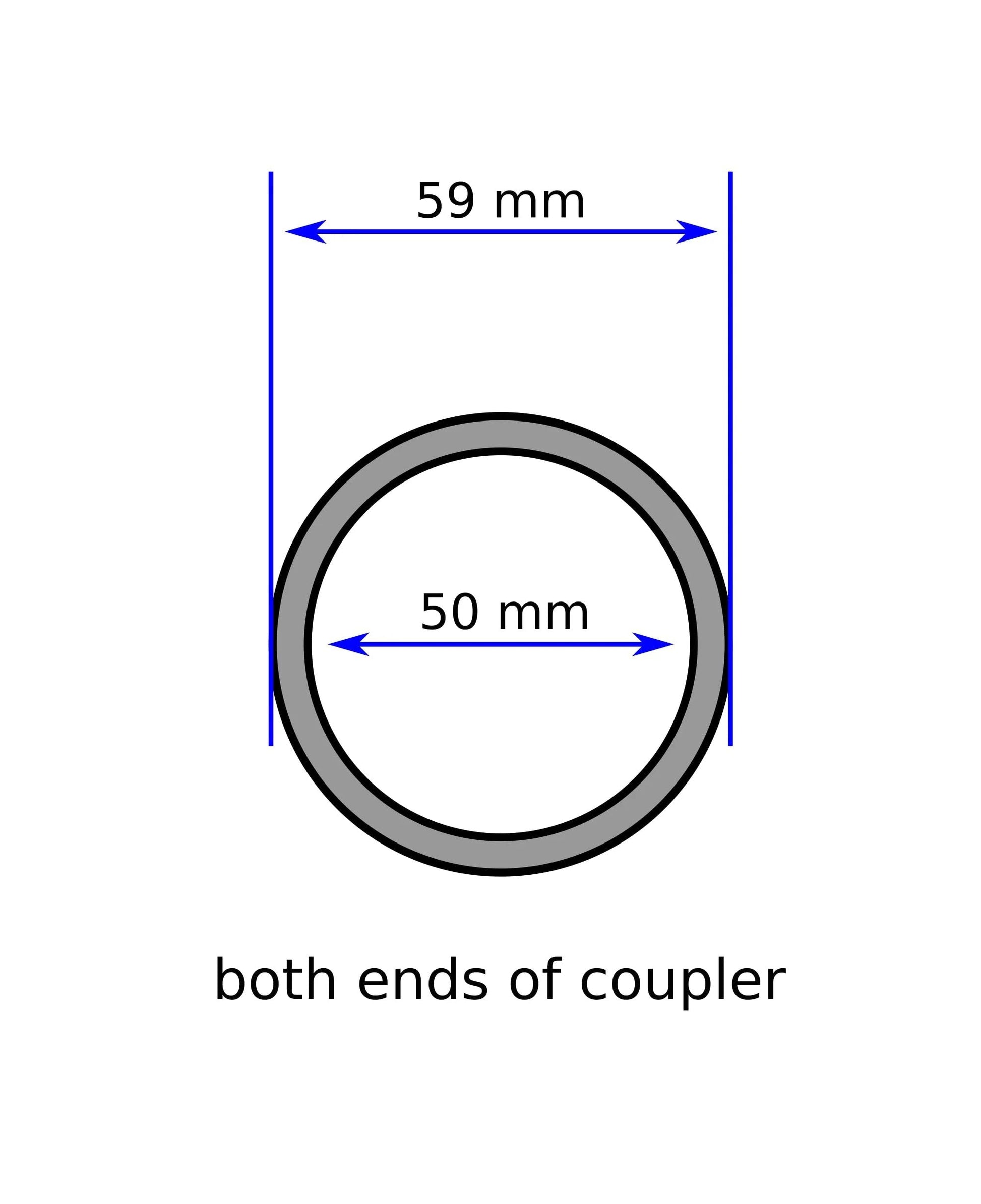 Heavy Duty Vacuum Hose Coupler Accessory 2.2 Inch Outer Diameter 1.95 Inch Inner Diameter Counter Clockwise Thread 2CCWCPL ends view with dimensions shown.