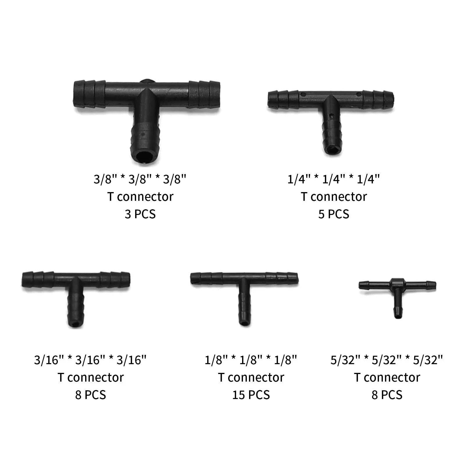 All Purpose 128 Piece Vacuum Hose Connector Kit With Nylon Barbed Tee And Straight Quick Connectors High Temperature Resistant For Automotive Vacuum Lines Pneumatic Tools Vacuum Systems Pipeline Repairs And DIY Projects 12 Sizes Included close-up of assorted T connectors with sizes and quantity listed.