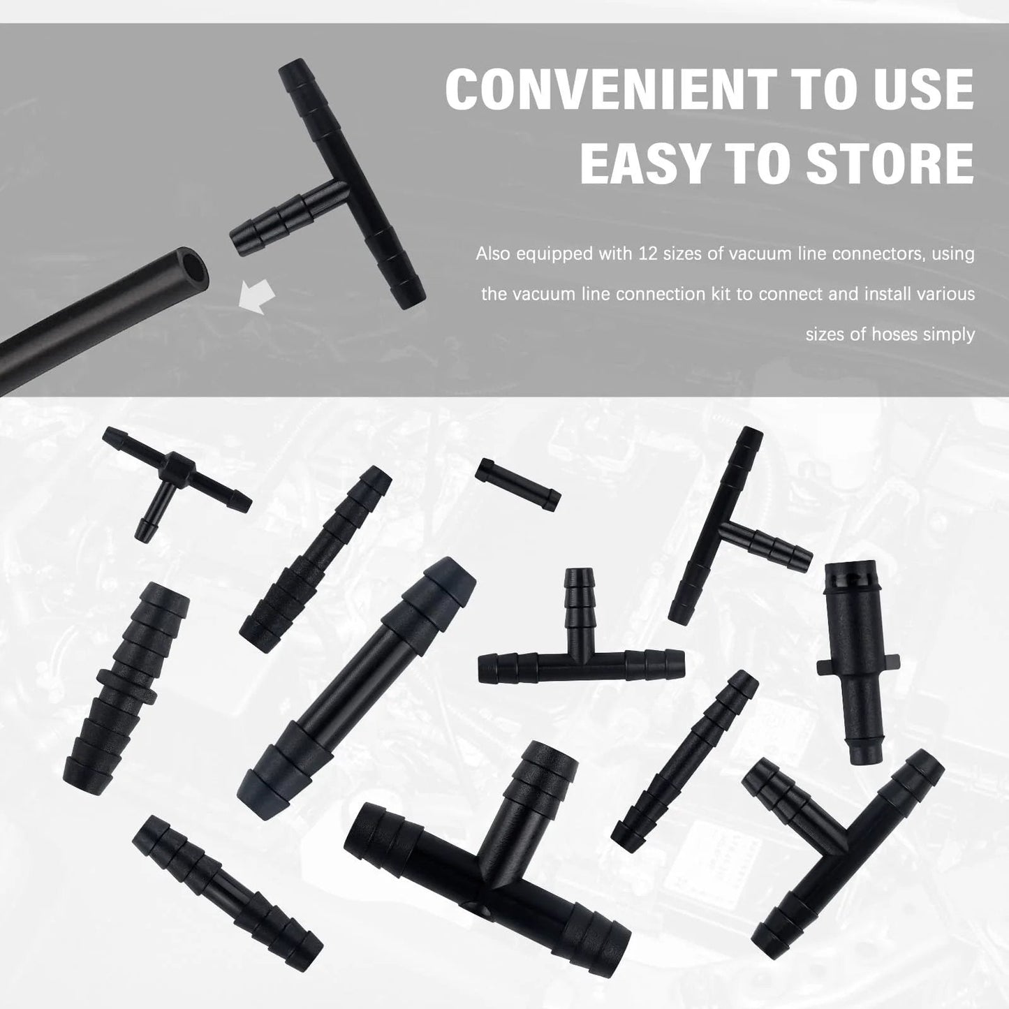 64 Piece Vacuum Line Connectors Kit For Auto DIYers Heat Resistant To 240 C 460 F Silicone Vacuum Hose Fittings Assortment with various connectors.