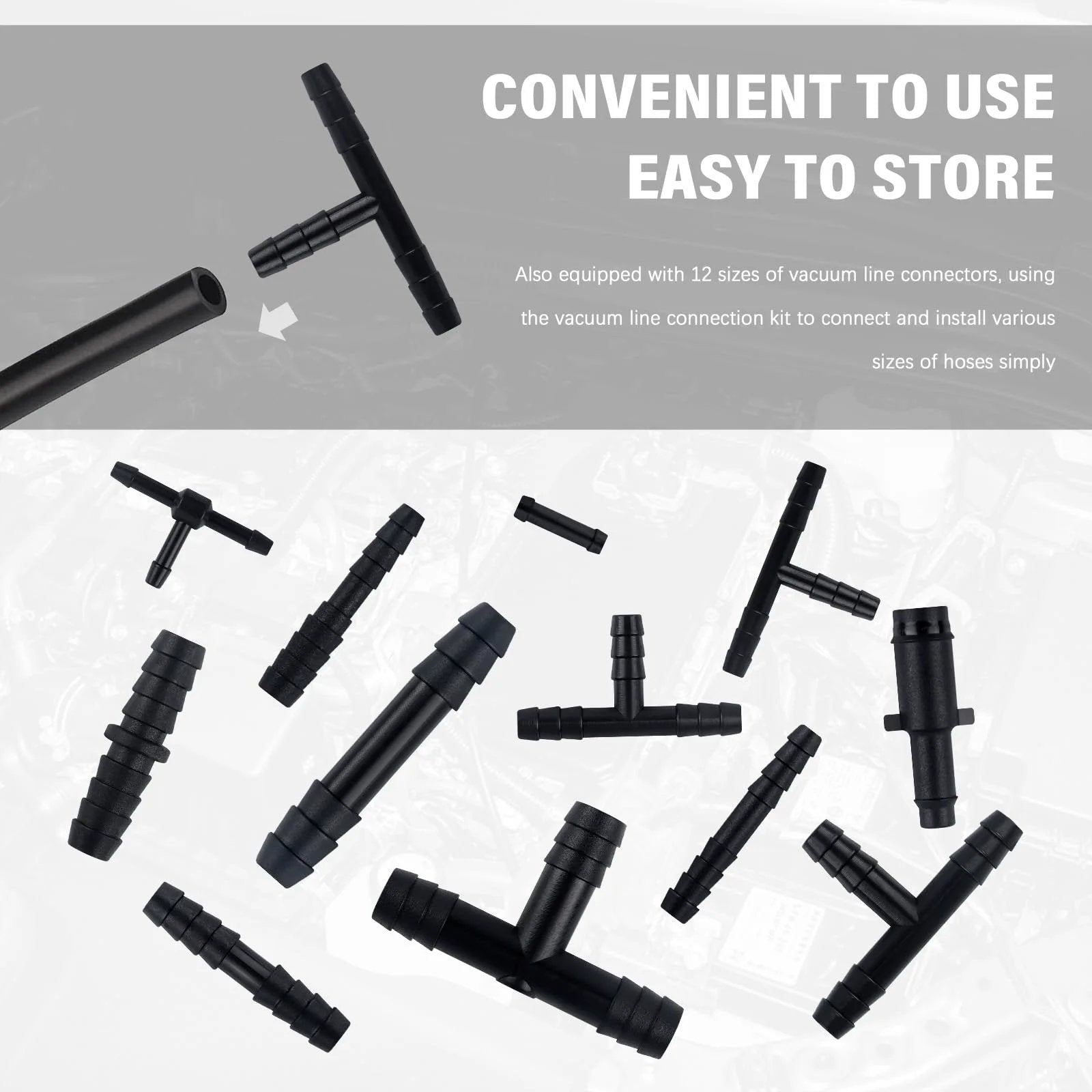 64 Piece Vacuum Line Connectors Kit For Auto DIYers Heat Resistant To 240 C 460 F Silicone Vacuum Hose Fittings Assortment with various connectors.