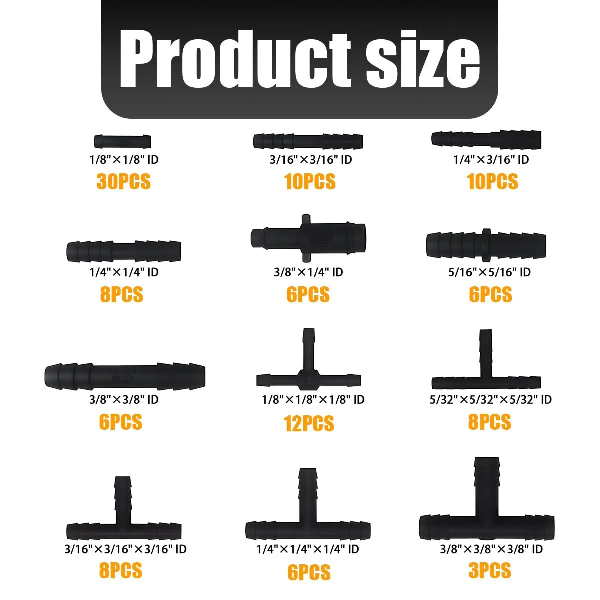 Size chart for 113Piece Car Vacuum Line Connector Kit For Heat Resistant Nylon Tubing with various fitting dimensions.