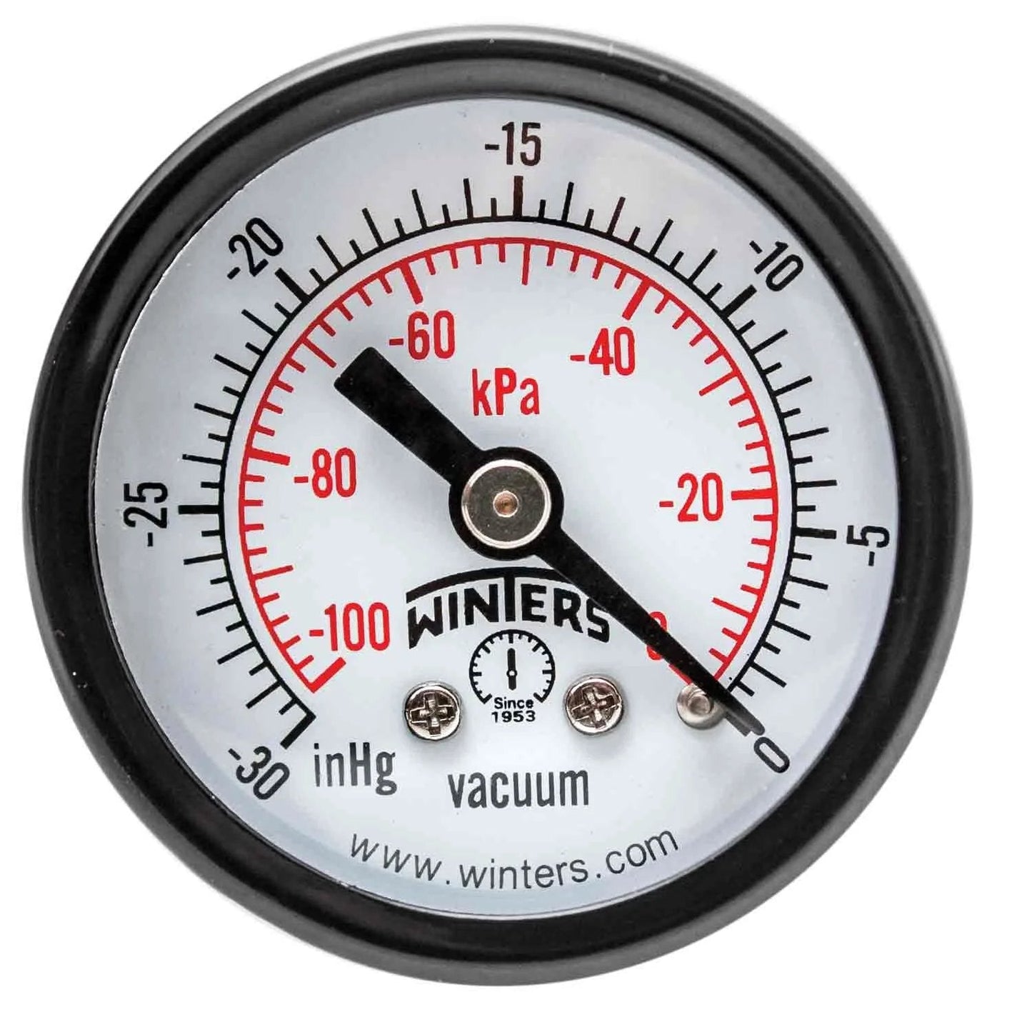 Economy 1-1/2 Inch Dial Dry Pressure Gauge With Brass Wetted Parts, Black Steel Case, dual scale psi/kPa and Hg vacuum/kPa.