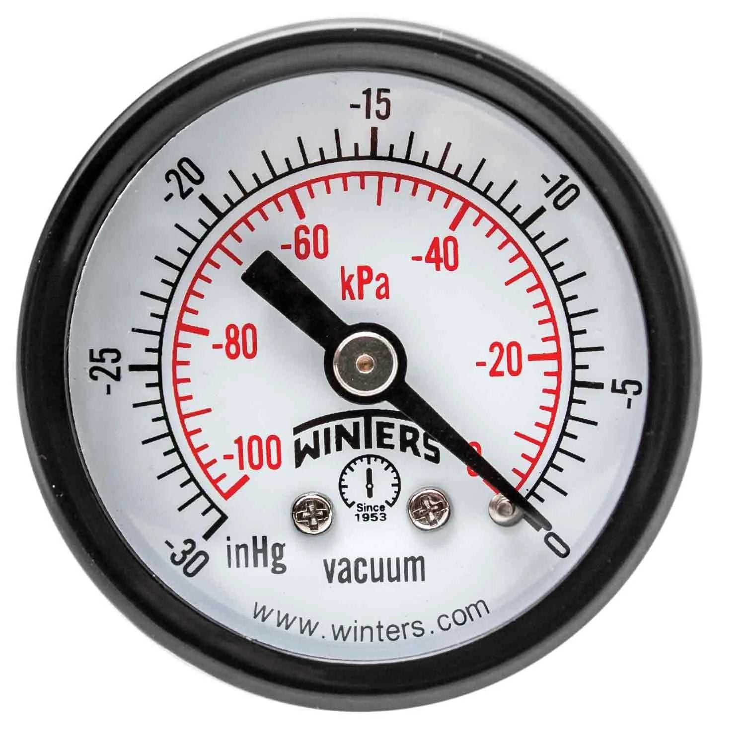 Economy 1-1/2 Inch Dial Dry Pressure Gauge With Brass Wetted Parts, Black Steel Case, dual scale psi/kPa and Hg vacuum/kPa.