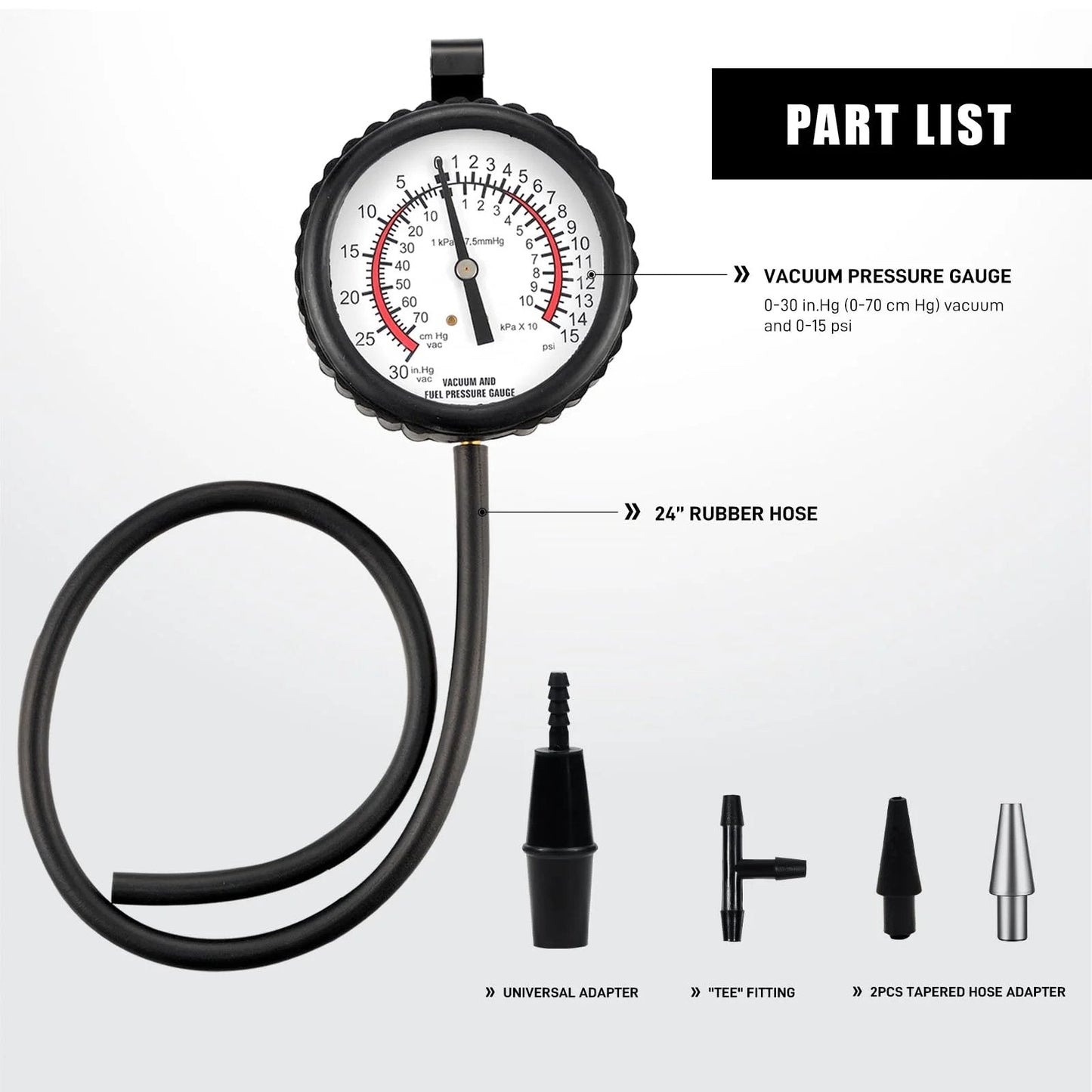 Six Piece Vacuum Pressure Gauge Kit For Carburetors And Vacuum Systems That Doubles As A Fuel Pump Gauge Tester For Cars And Motorcycles Includes Multi Size Adapters For Easy Diagnostics showing vacuum gauge, rubber hose, and adapters.