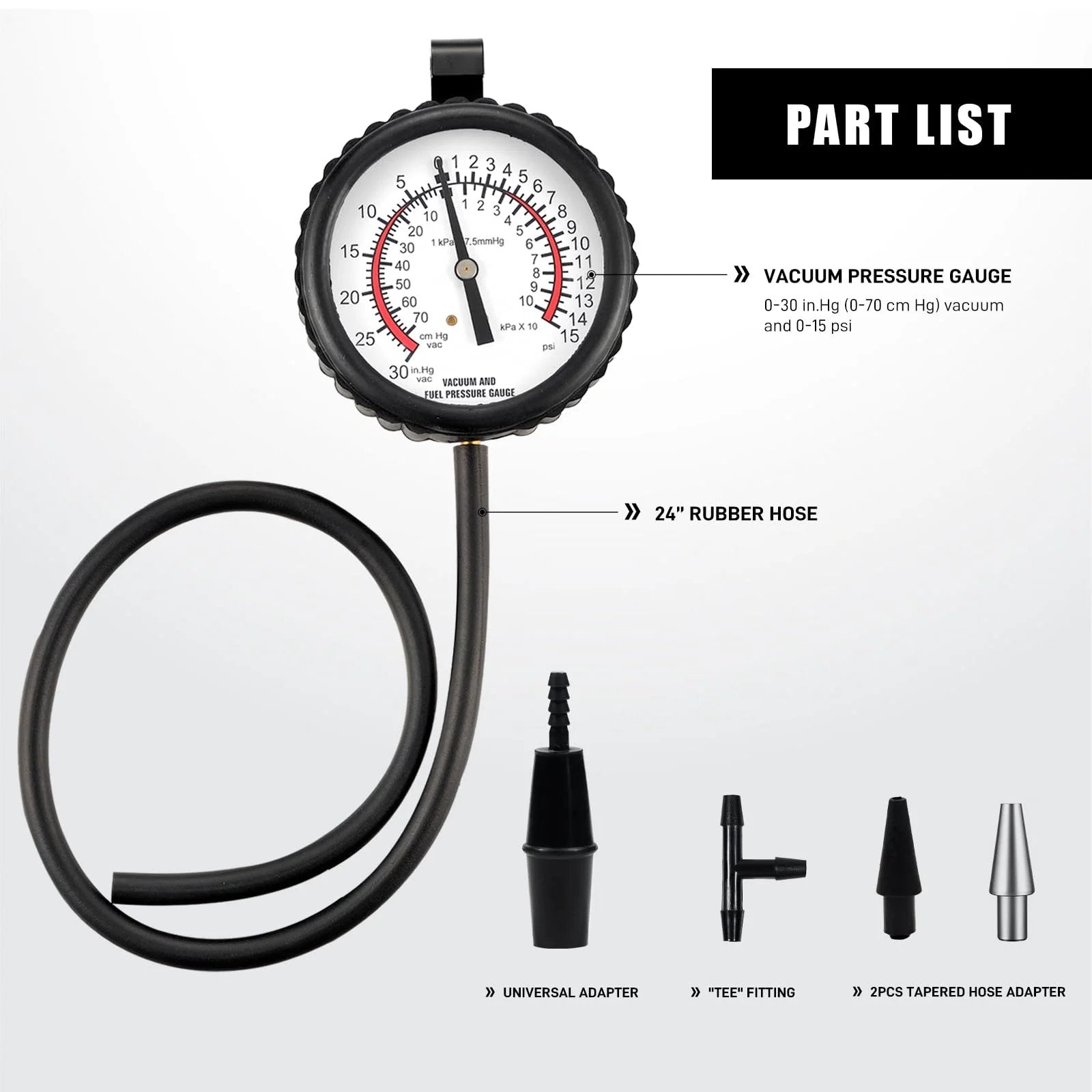 Six Piece Vacuum Pressure Gauge Kit For Carburetors And Vacuum Systems That Doubles As A Fuel Pump Gauge Tester For Cars And Motorcycles Includes Multi Size Adapters For Easy Diagnostics showing vacuum gauge, rubber hose, and adapters.