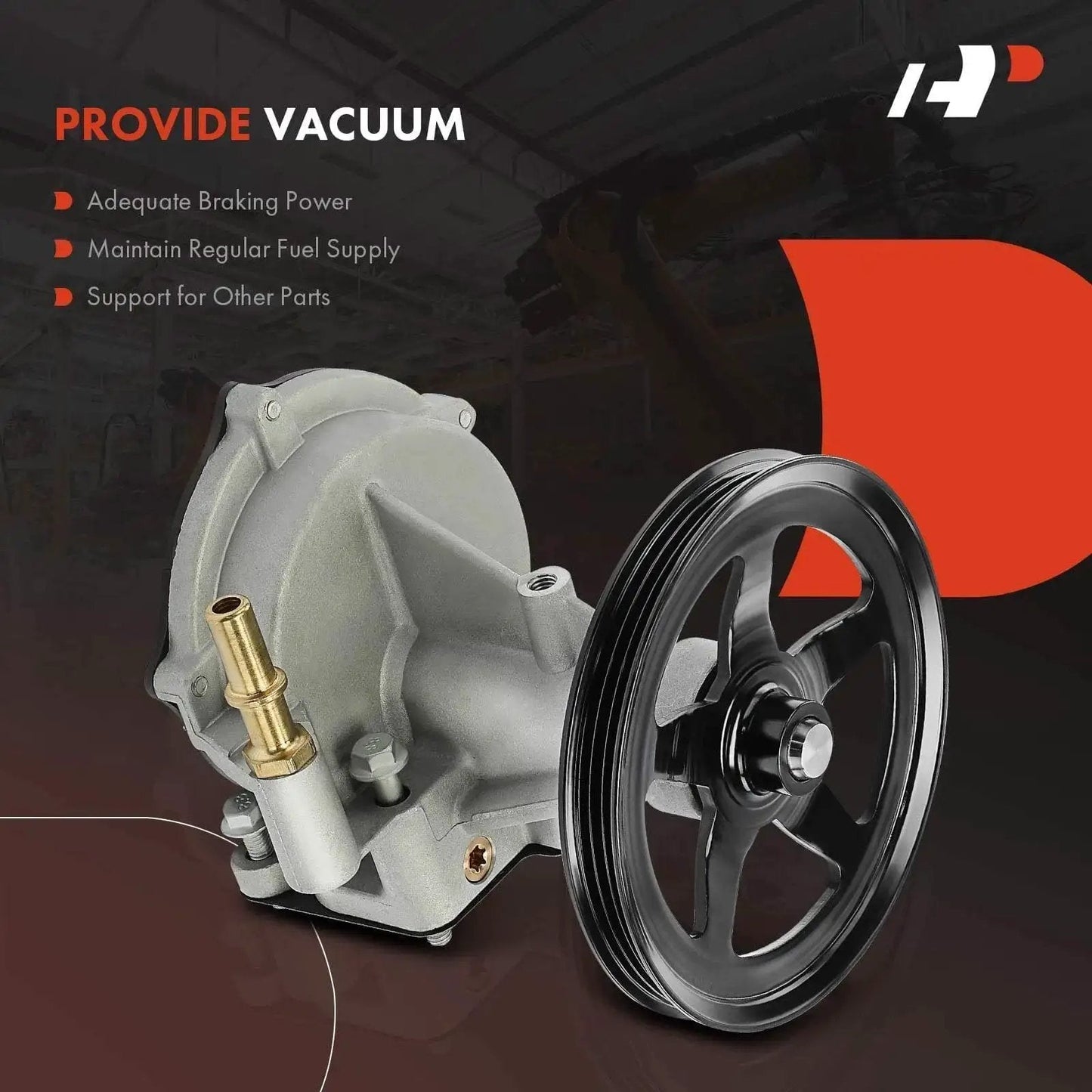 Front view of Premium Vacuum Pump Replacement For Chevrolet Silverado 1500 1500 LD Tahoe Suburban GMC Sierra 1500 1500 Limited Yukon Yukon XL Cadillac Escalade Escalade ESV 2014 To 2020 4.3L 5.3L 6.2L A-Premium with pulley and brass inlet.
