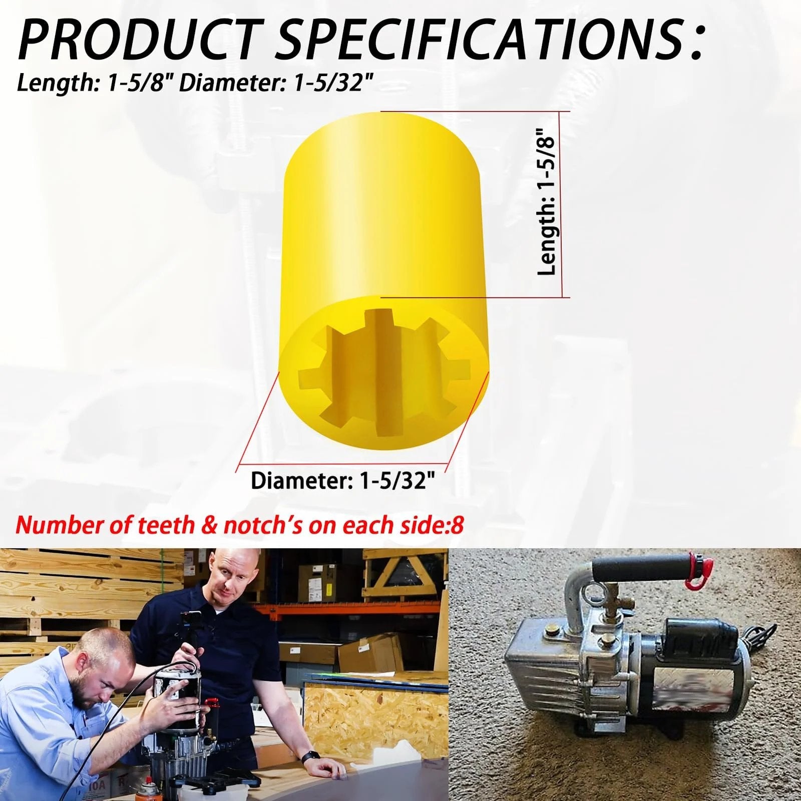 Vacuum Pump Coupler Sleeve Replacement For PR 77 Fits PR 6 And DV Series Vacuum Pumps Pro Grade Gear Yellow Color side view with specifications.