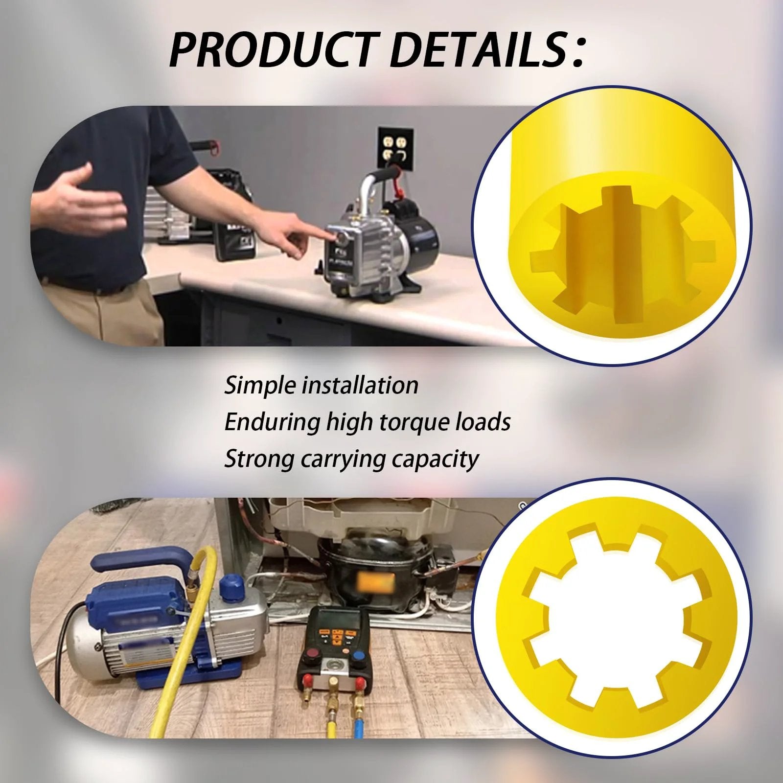 Vacuum Pump Coupler Sleeve Replacement For PR 77 Fits PR 6 And DV Series Vacuum Pumps Pro Grade Gear Yellow Color close-up view.