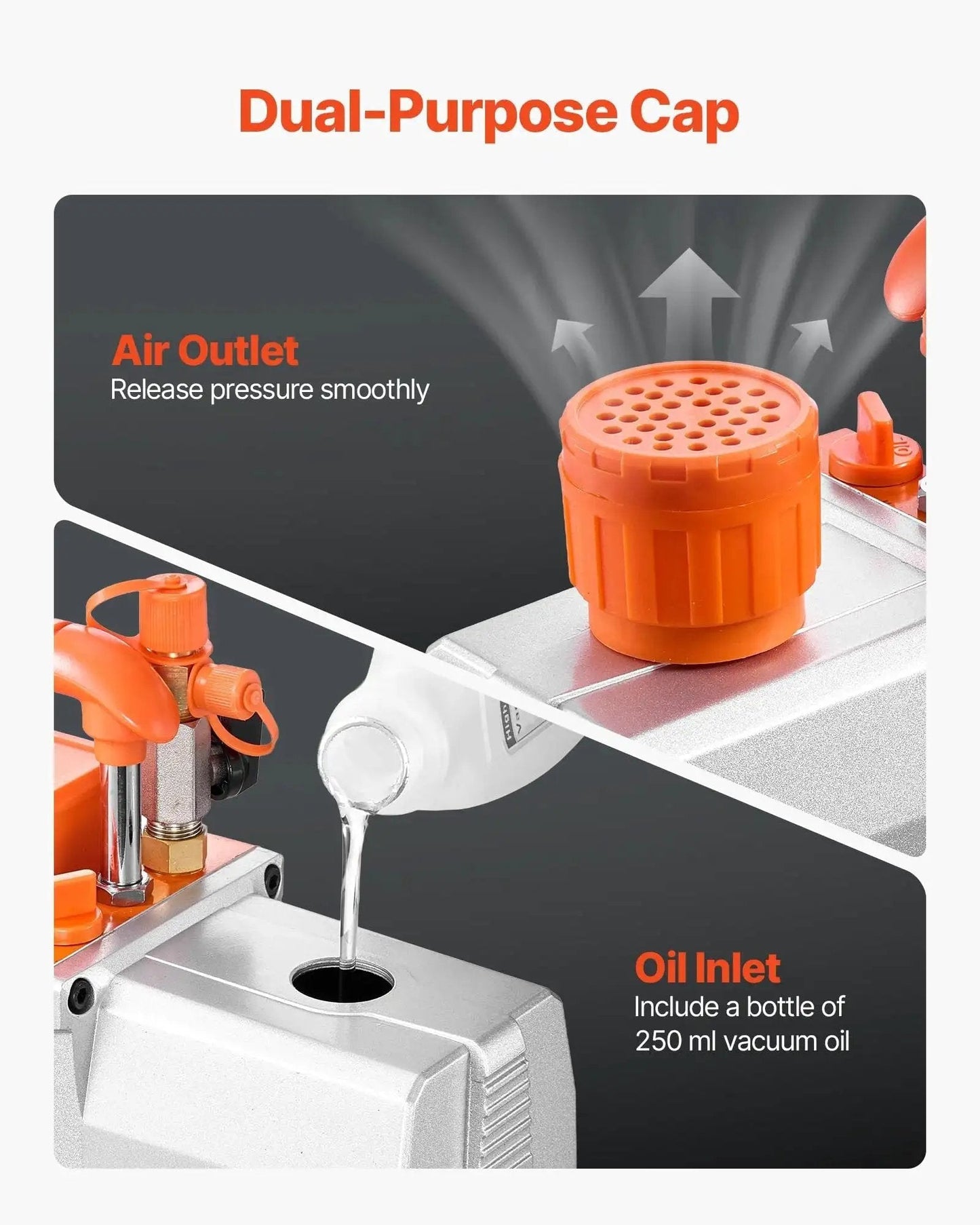 Pro Grade Two Stage Rotary Vane HVAC Vacuum Pump oil inlet filling and dual-purpose cap for AC maintenance