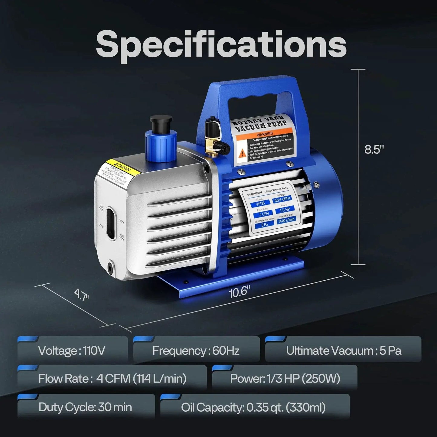 High Performance 4 CFM Single Stage Rotary Vane Vacuum Pump With R134a AC Manifold Gauge Set Leak Detector Carry Bag 110V One Third HP For HVAC And Refrigeration Recharging ETL Listed VIVOHOME