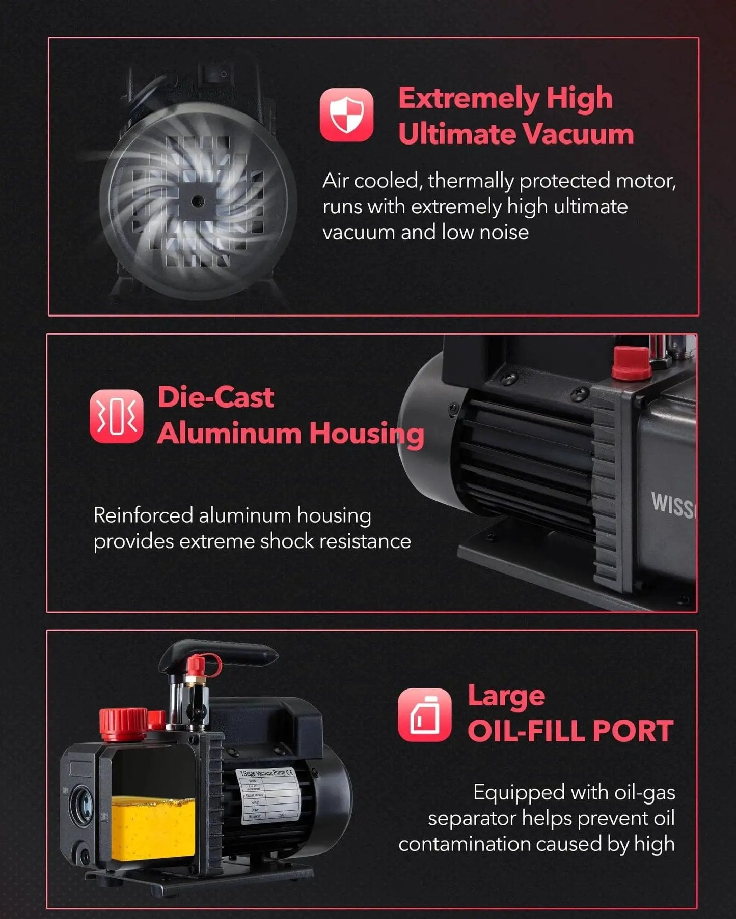 Four Point Five CFM 110V One Third HP AC Vacuum Pump features die-cast aluminum housing and large oil-fill port for HVAC use