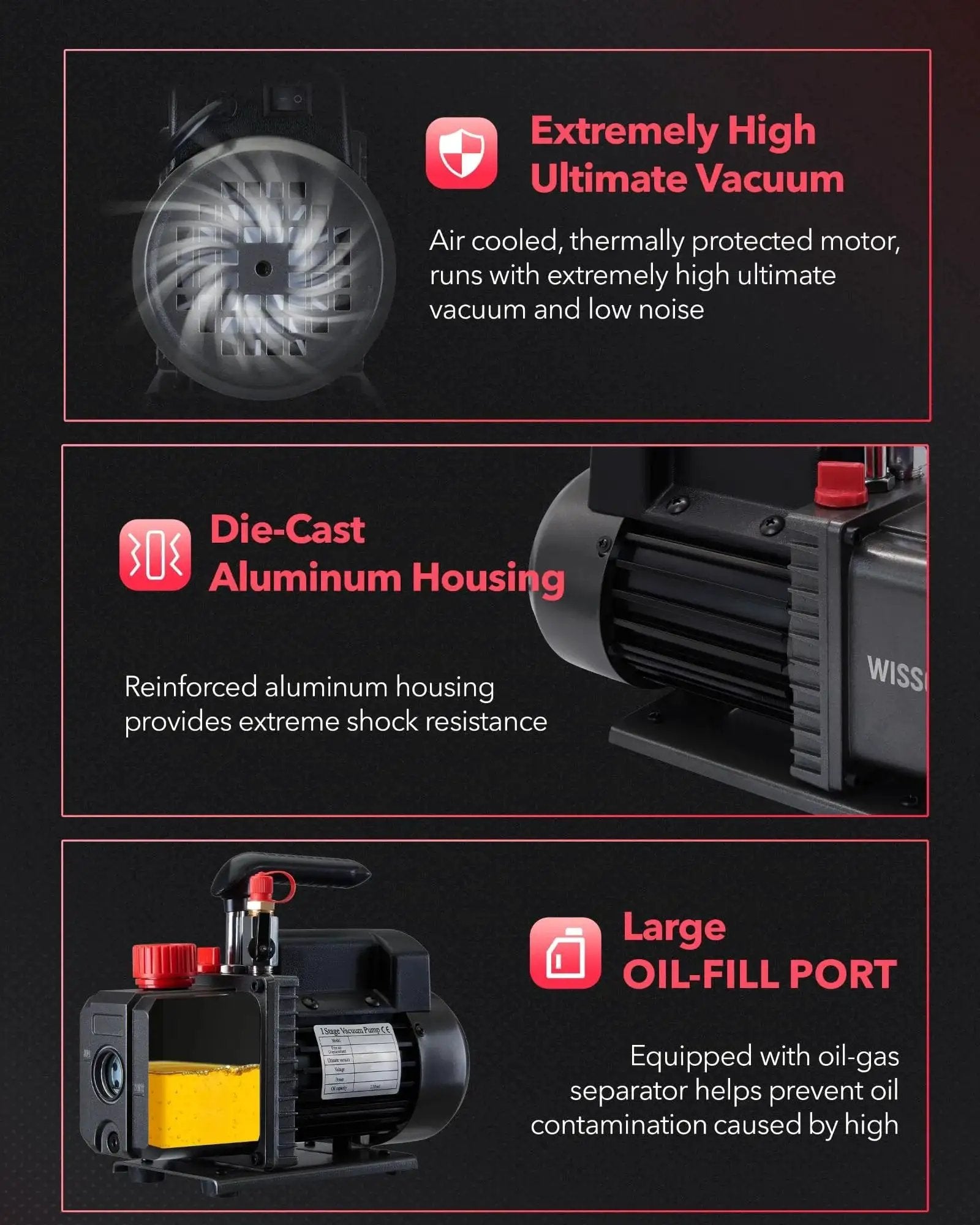Four Point Five CFM 110V One Third HP AC Vacuum Pump features die-cast aluminum housing and large oil-fill port for HVAC use