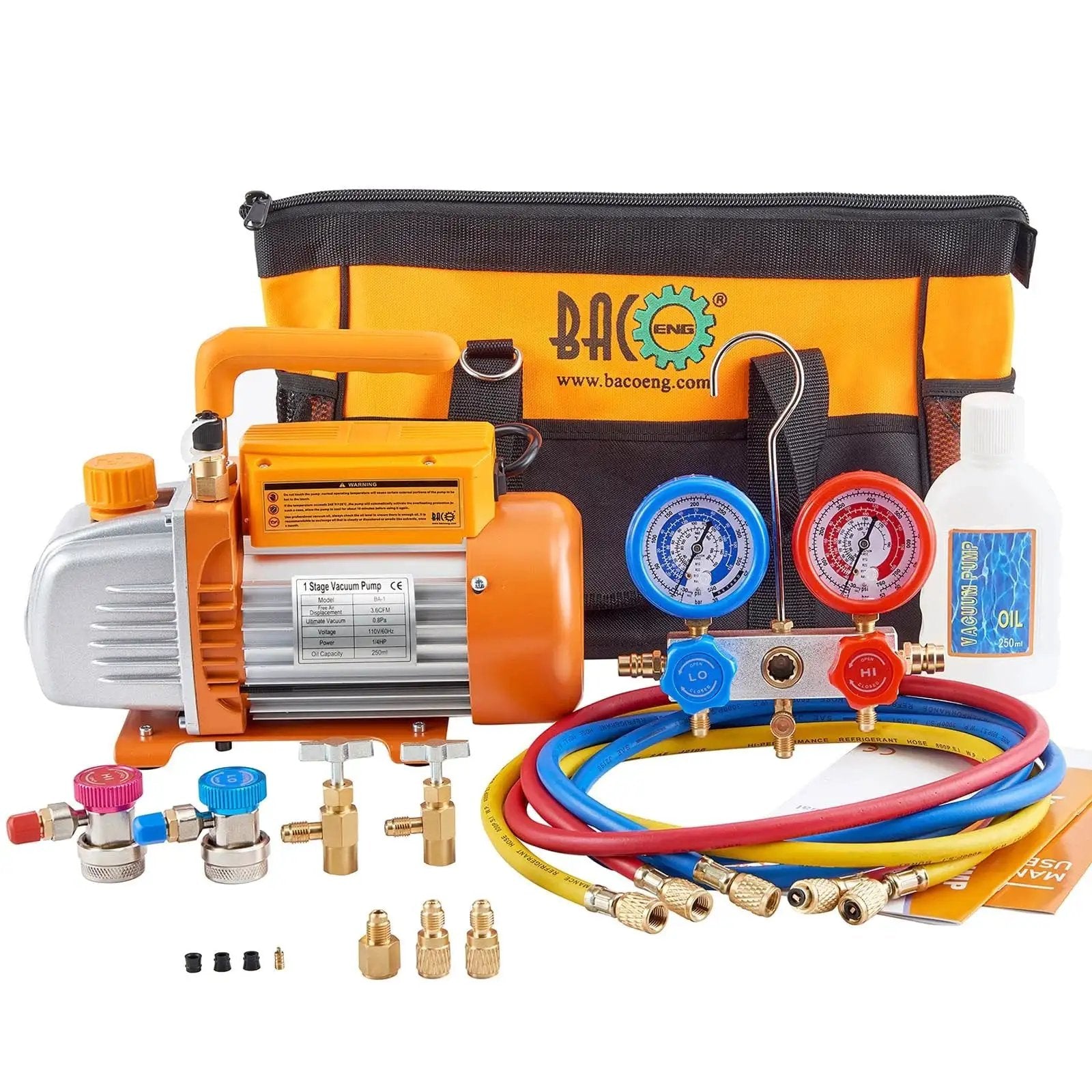 Powerful 3.6CFM 1/4HP AC Vacuum Pump Kit With Gauge Set For Auto Air Conditioning Systems R134a R12 R410a Refrigerants displayed with accessories