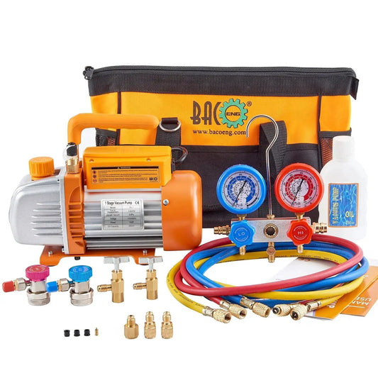 Powerful 3.6CFM 1/4HP AC Vacuum Pump Kit With Gauge Set For Auto Air Conditioning Systems R134a R12 R410a Refrigerants displayed with accessories