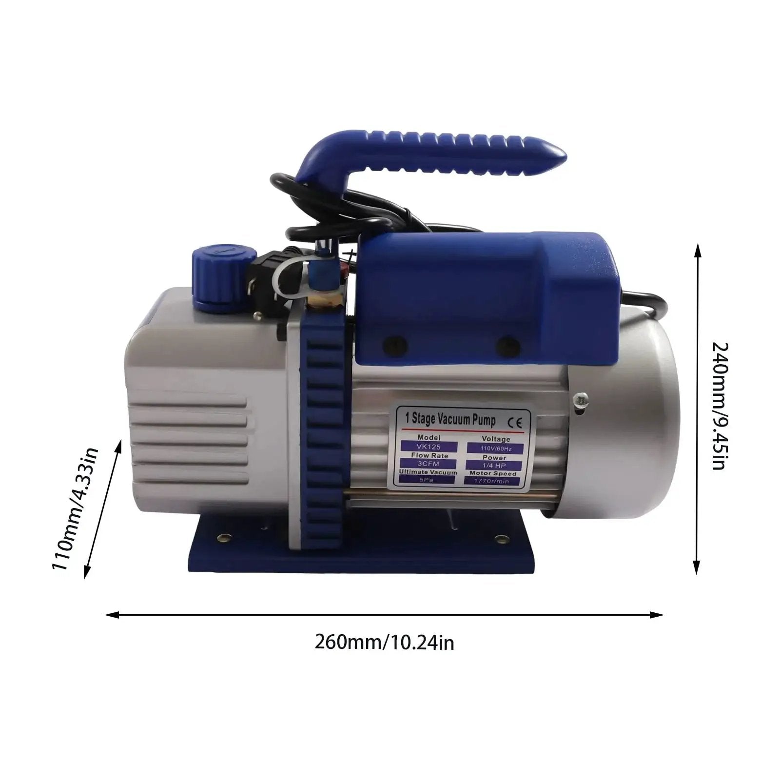Side view of Heavy Duty Vacuum Pump And Manifold Gauge Set For AC Refrigeration Kit 110V 180W One Quarter HP with dimensions.