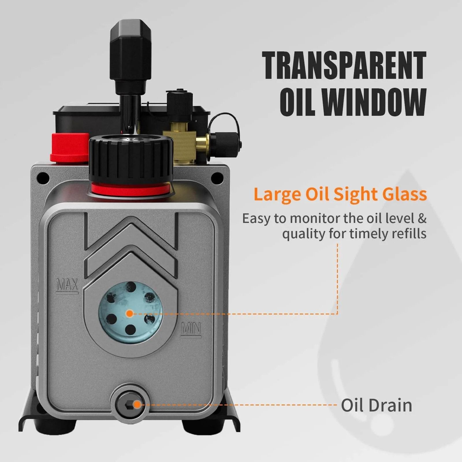 Single-Stage 4.5CFM Vacuum Pump, 1/3HP 5Pa 110V Air Vacuum Pump showing transparent oil window and large sight glass