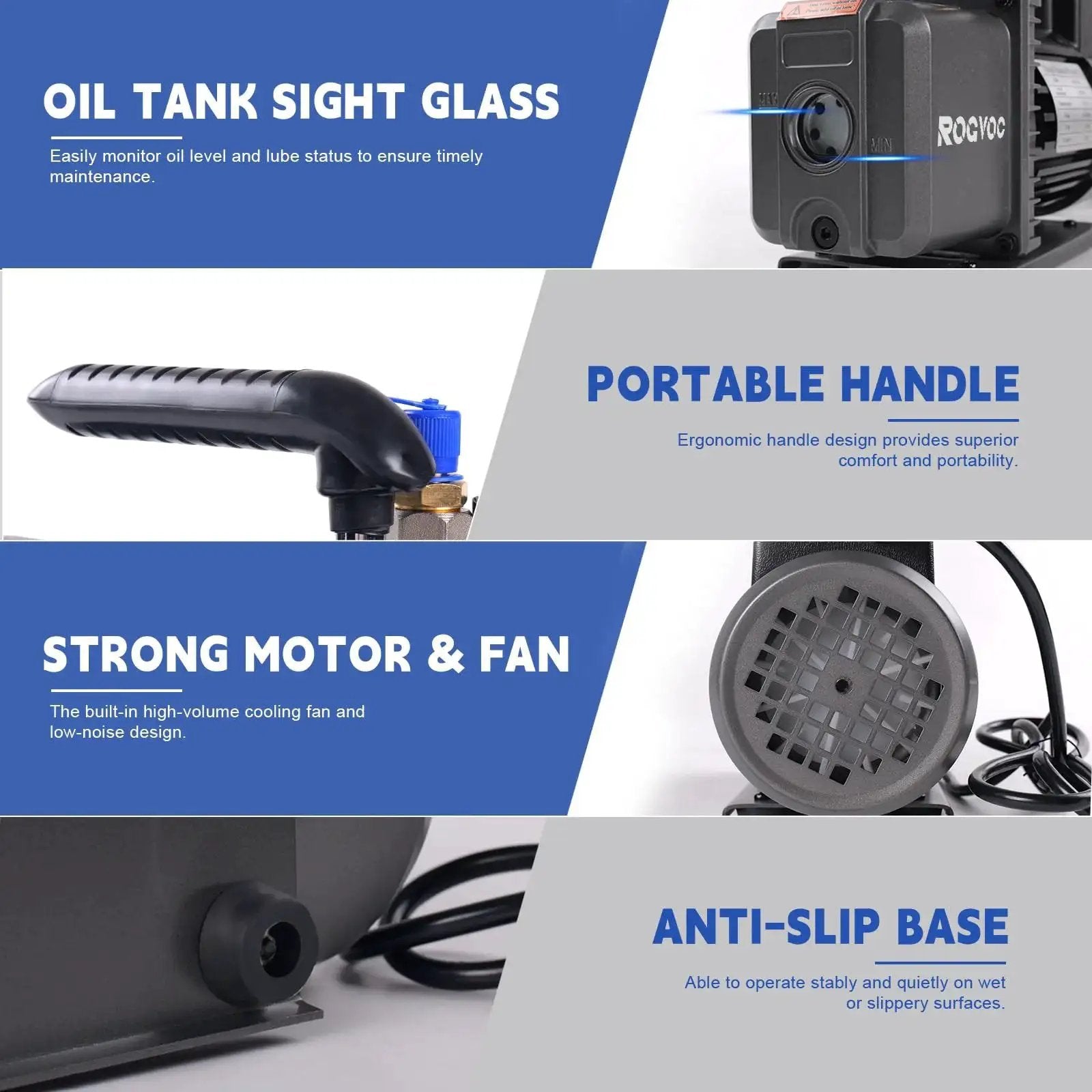 Image highlighting features of Heavy Duty Three Point Five CFM Vacuum Pump For HVAC And Auto Systems With 110V One Quarter HP.