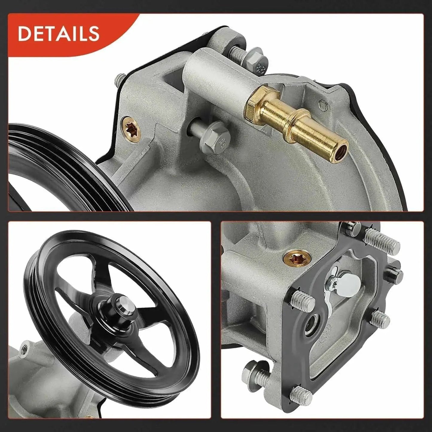 Premium Vacuum Pump Replacement For Chevrolet Silverado 1500 1500 LD Tahoe Suburban GMC Sierra 1500 1500 Limited Yukon Yukon XL Cadillac Escalade Escalade ESV 2014 To 2020 4.3L 5.3L 6.2L A-Premium, showing components and details of vacuum pump with pulley and inlet fitting.
