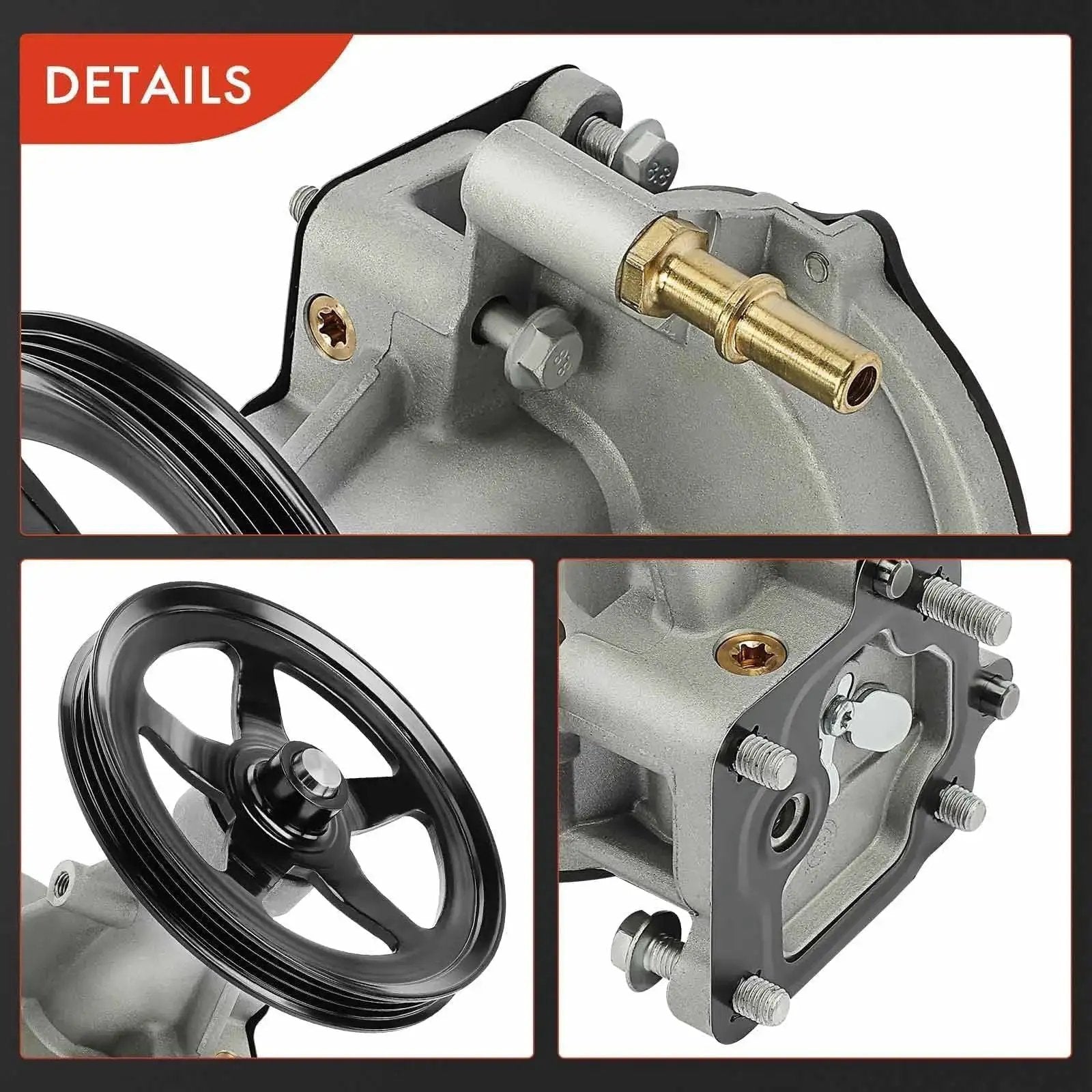 Premium Vacuum Pump Replacement For Chevrolet Silverado 1500 1500 LD Tahoe Suburban GMC Sierra 1500 1500 Limited Yukon Yukon XL Cadillac Escalade Escalade ESV 2014 To 2020 4.3L 5.3L 6.2L A-Premium, showing components and details of vacuum pump with pulley and inlet fitting.