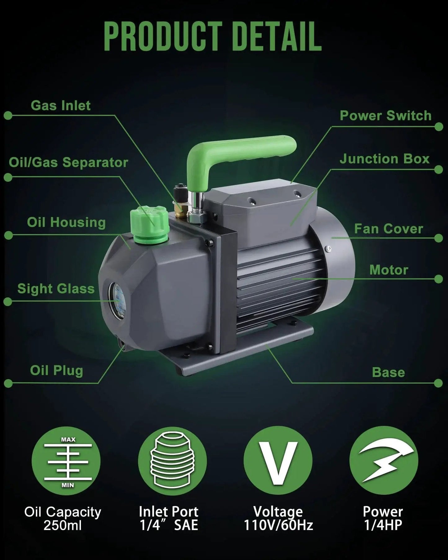 High Performance Three Point Five CFM Single Stage HVAC Vacuum Pump With One Quarter HP 110 Volt Motor showing key features and parts