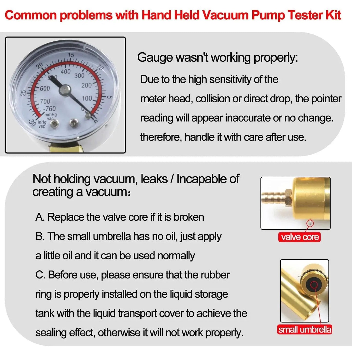 Common problems with Hand Held Vacuum Pump Tester Kit, featuring gauge issues and leaks description, highlighting valve core and small umbrella.