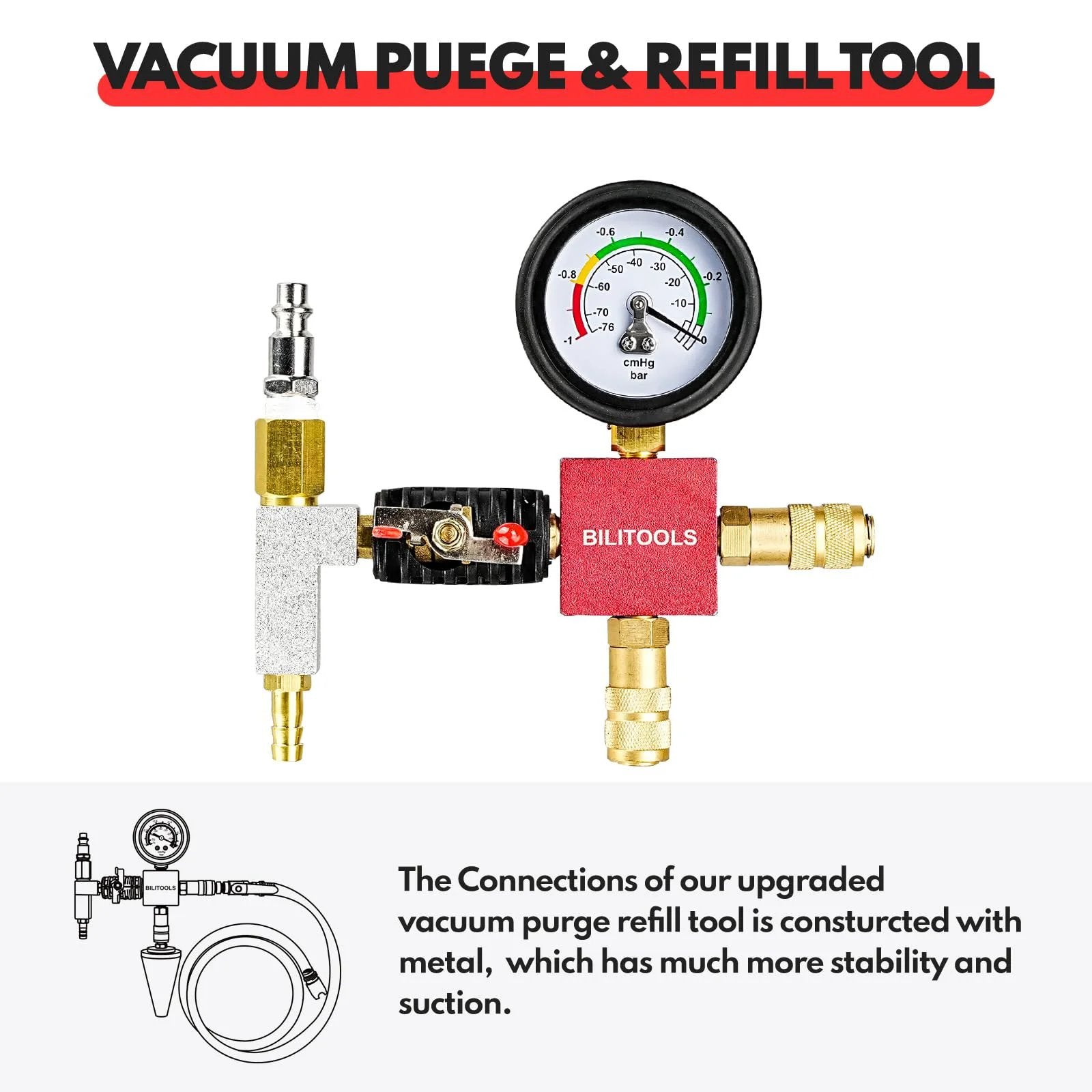 Radiator Coolant Pressure Tester And Vacuum Refill Kit 28 Piece Universal Cooling System Tool Set showing gauge and metal connections.