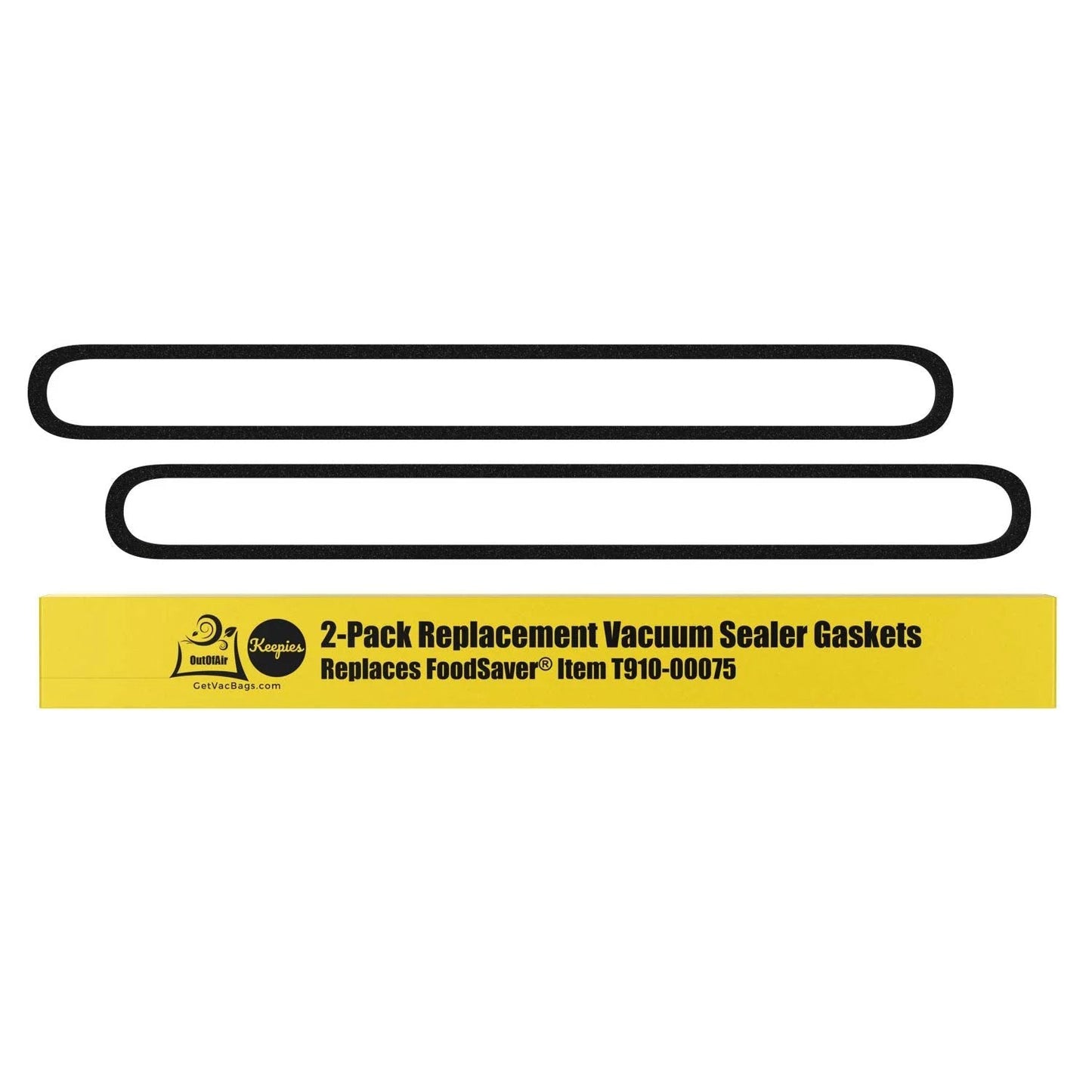 Upper And Lower Gasket Replacements For FoodSaver Vacuum Sealers Two Foam Gaskets Included For Reliable Sealing Fits V2200 V2400 V2800 V3000 V3200 Series Models Replaces Food Saver T91000075 Replacement Parts By OutOfAir, two black foam gaskets on a yellow background.
