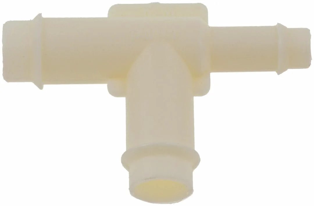 Hard Vacuum Tubing Tee Three Eighths Inch By One Quarter Inch By Three Eighths Inch Automotive Vacuum Line Fitting Direct Replacement seen from the front.