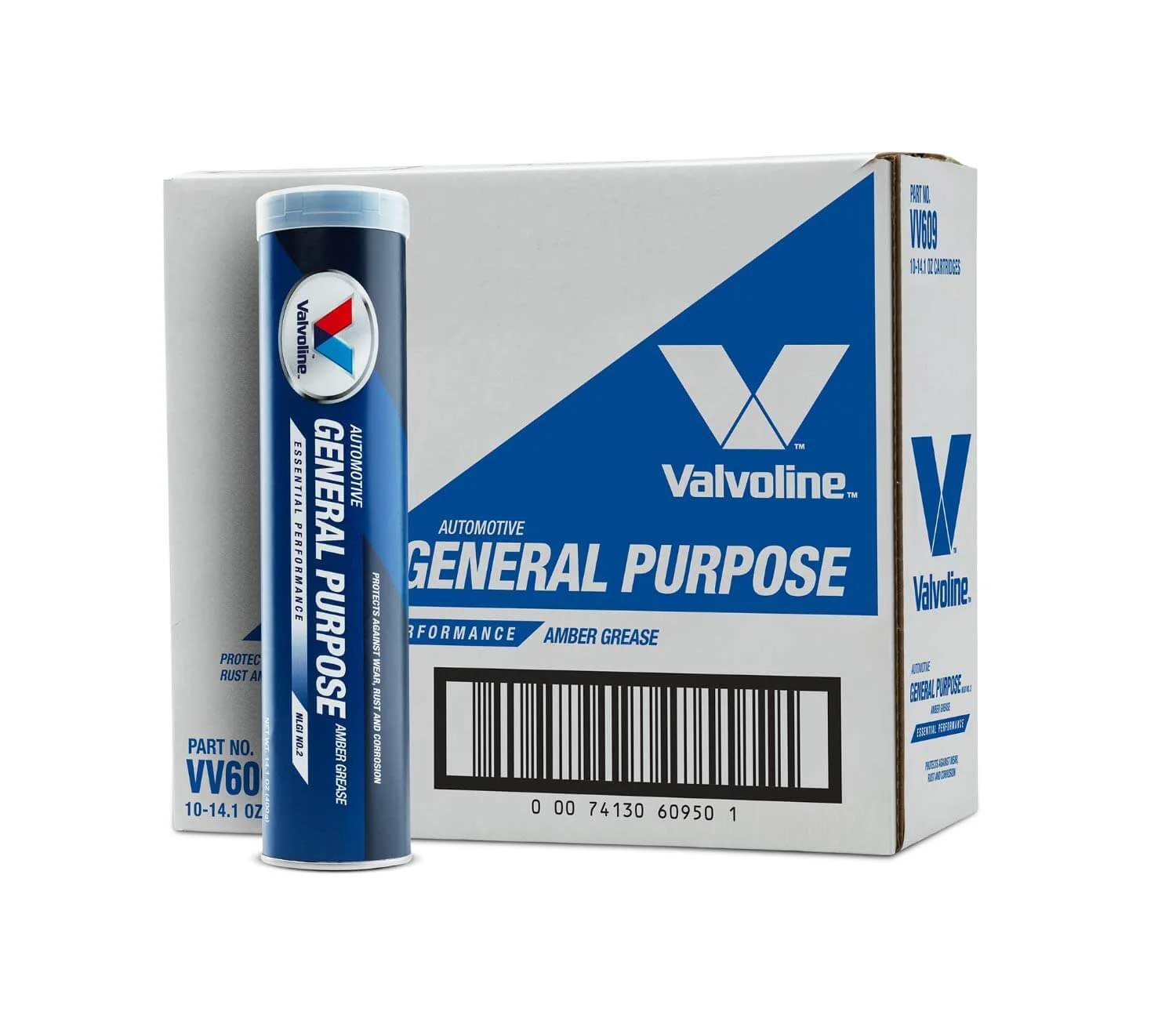 Valvoline General Purpose Amber Grease 14.1 OZ Cartridge, Case of 10, showing packaging and single cartridge