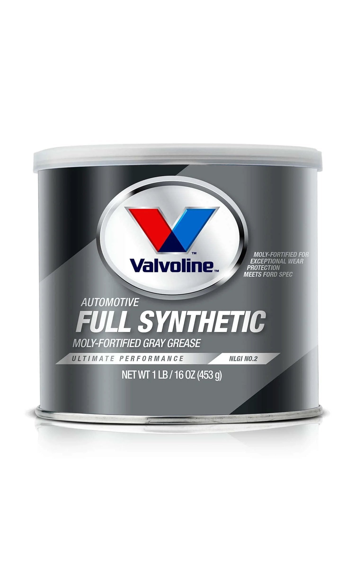 Front view of Valvoline - VV986 Moly-Fortified Gray Full Synthetic Grease 1 LB in metal container with branding.